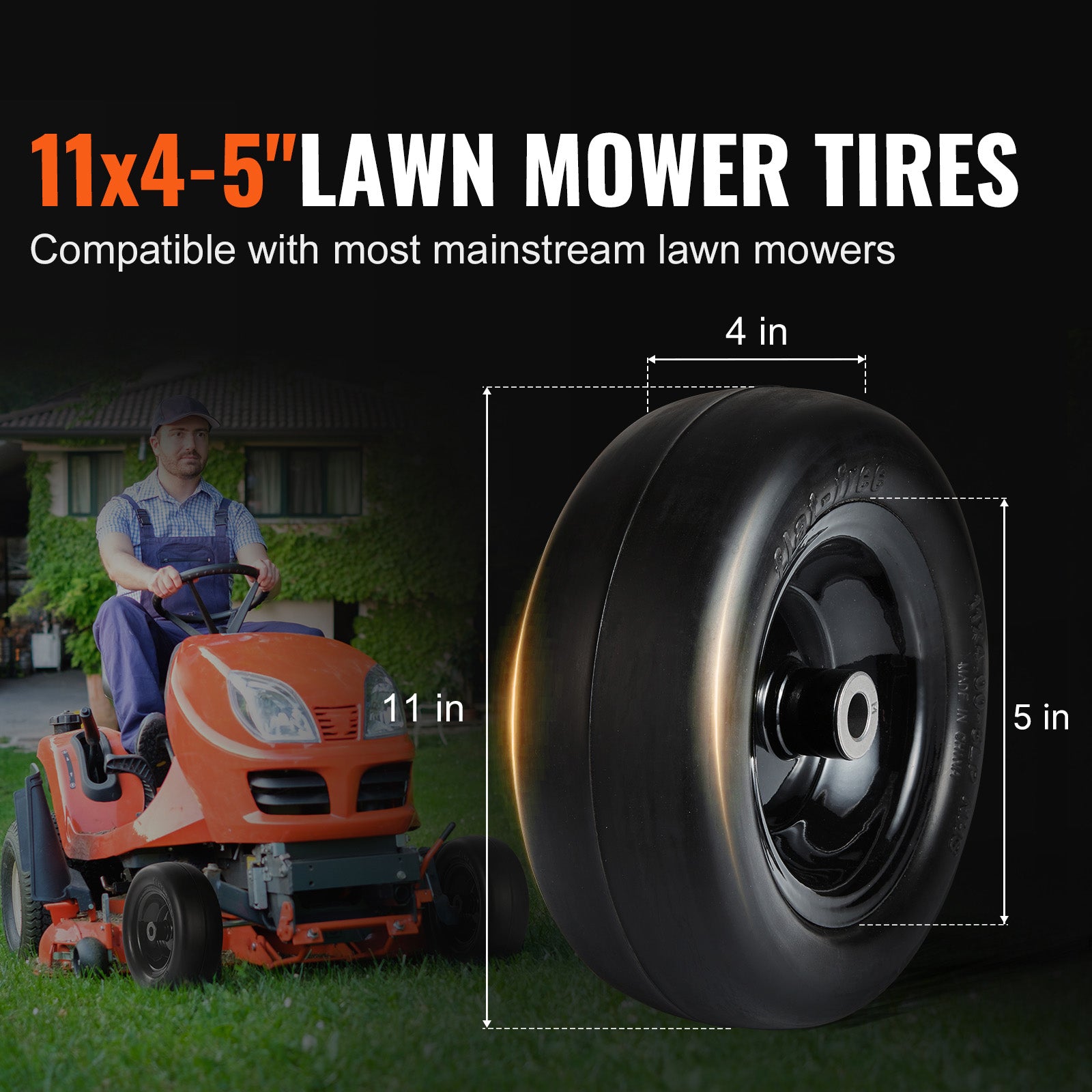 Lawn Mower Tires with Rim, 11x4-5" Tubeless Tractor Tires, 2-Pack Tire and Wheel Assemby, Flat-free PU Tire, 3.4" Centered Hub, 3/4" Bushing Size, 20 PCS Adapters for Riding Mowers Lawn Tractors