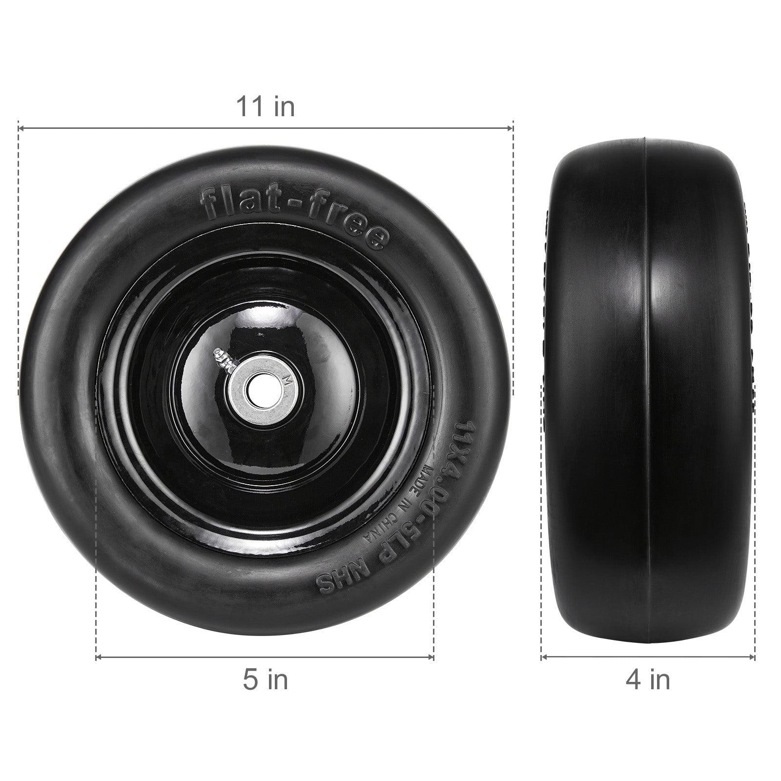 Lawn Mower Tires with Rim, 11x4-5" Tubeless Tractor Tires, 2-Pack Tire and Wheel Assemby, Flat-free PU Tire, 3.4" Centered Hub, 3/4" Bushing Size, 20 PCS Adapters for Riding Mowers Lawn Tractors