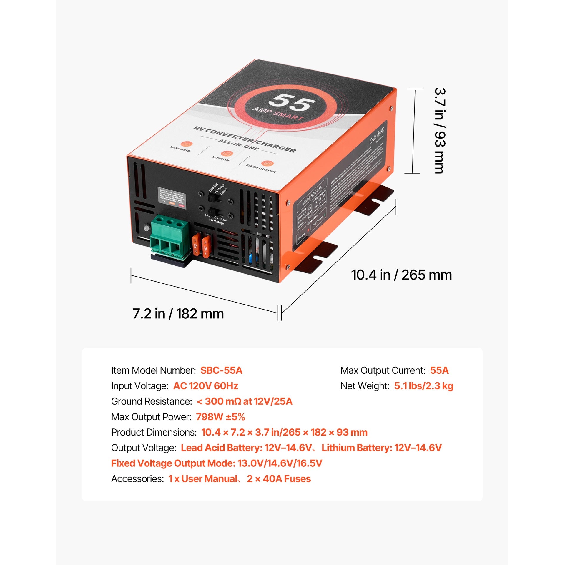 RV Power Converter, 55 Amp, 110V AC to 12V DC RV Converter Battery Charger, Multi Stage Smart Charging, 13V to 16.5V Operating Range, Compatible with Lithium & Lead Acid Battery, for Camper