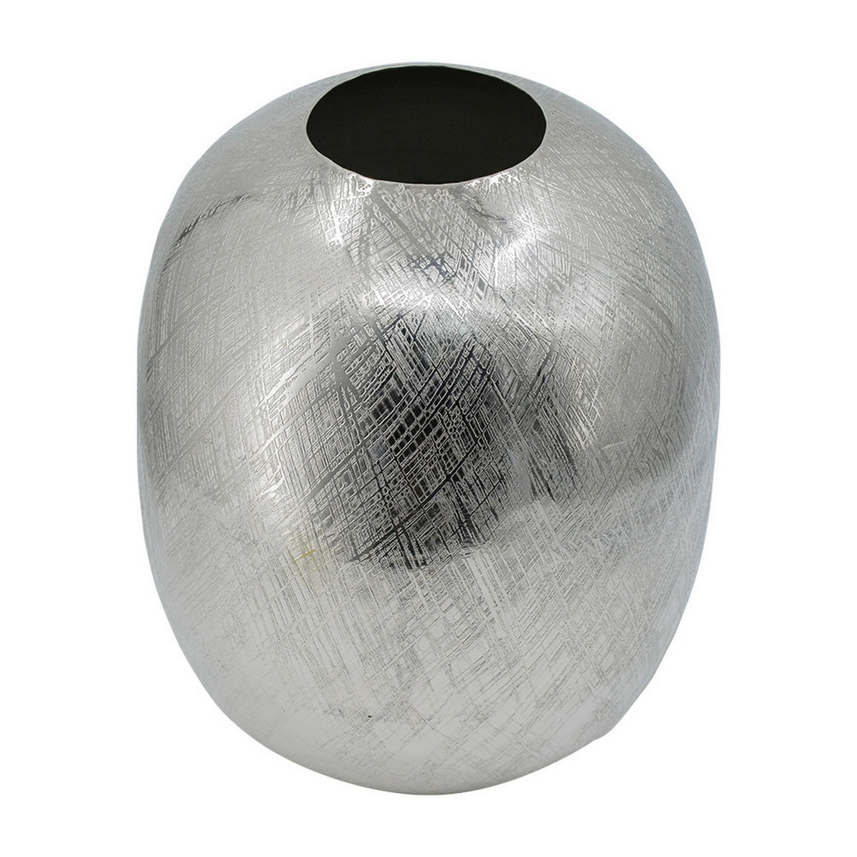 Chan 13 Inch Modern Metal Vase, Curved Round Shape, Metallic Silver Finish