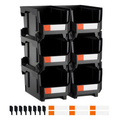 Plastic Stackable Storage Bins, 14.8 x 8.5 x 7.1 inch (6 Pack), Plastic Containers for Organizing and Storage Bins for Closet, Garage, Small Parts, Office Supplies and Other Accessories, Black