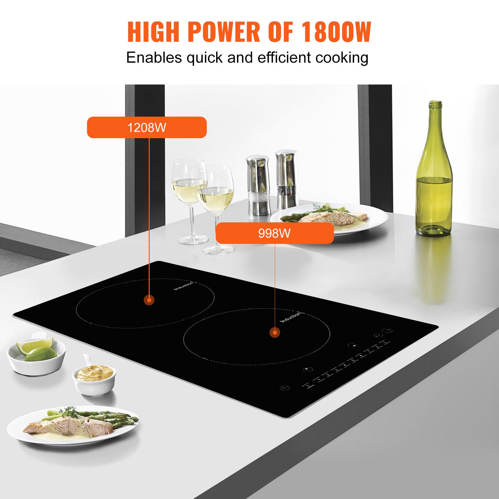 Electric Cooktop, 2 Burners, 12'' Induction Stove Top, Built-in Magnetic Cooktop 1800W, 9 Heating Level Multifunctional Burner, LED Touch Screen w/ Child Lock & Over-Temperature Protection
