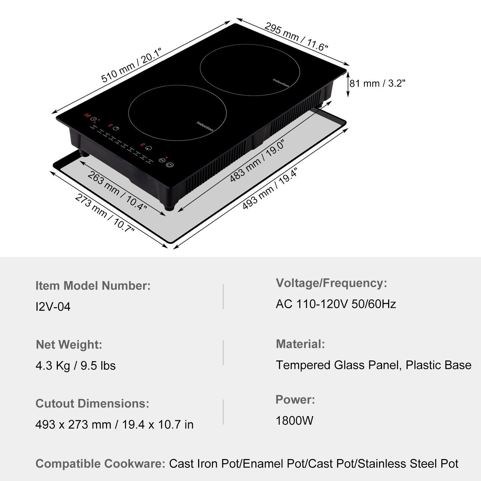 Electric Cooktop, 2 Burners, 12'' Induction Stove Top, Built-in Magnetic Cooktop 1800W, 9 Heating Level Multifunctional Burner, LED Touch Screen w/ Child Lock & Over-Temperature Protection