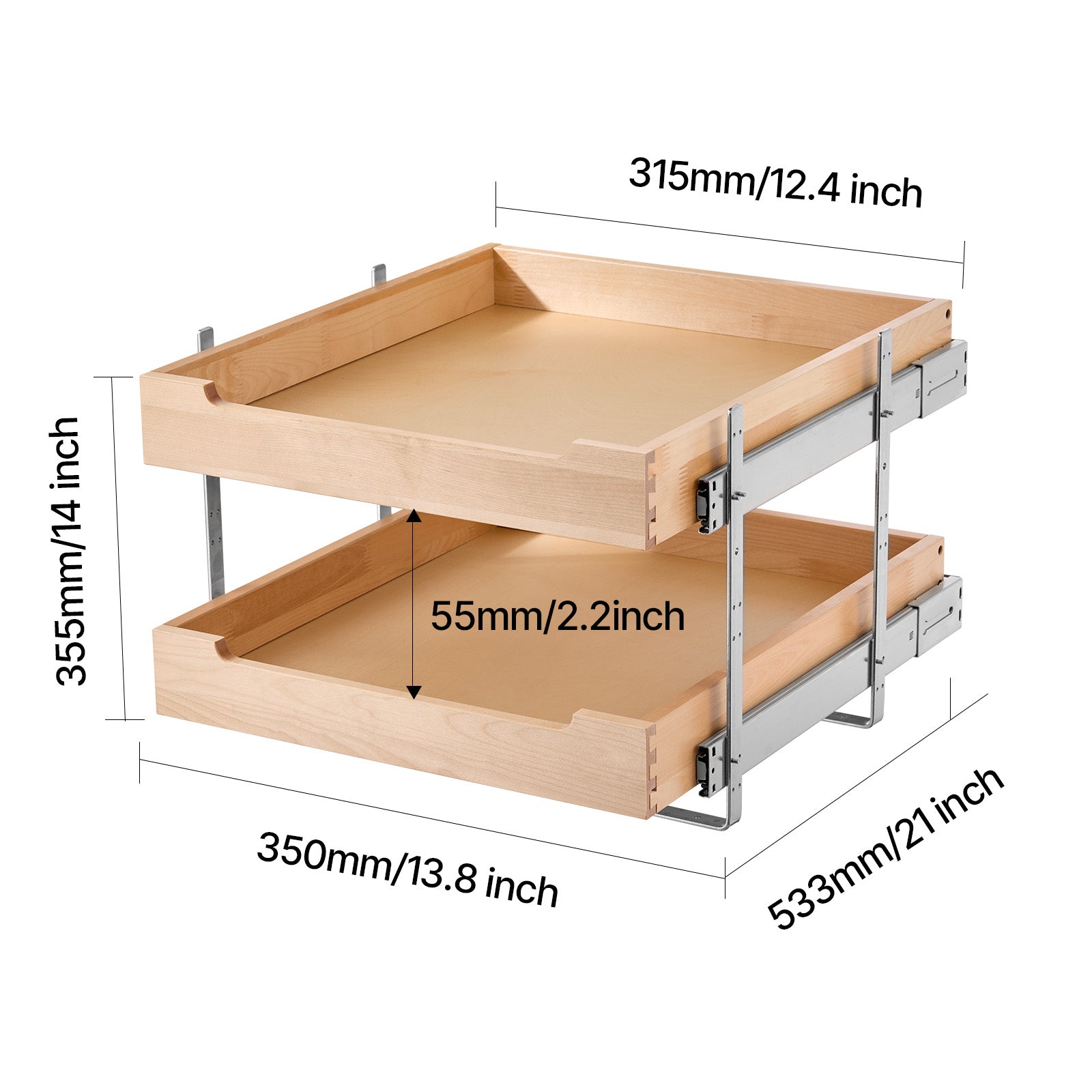 2 Tier Pull Out Cabinet Organizer Soft Close Slide Out Wood Drawer 20"W x 21"D