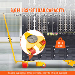 Machinery Skate Dolly, 6614 LBS/3T Industrial Machinery Mover with Handle, Carbon Steel Machinery Moving Skate with 3 360° Swivel PU Wheels, 360° Rotation Non-Slip Cap for Warehouse, Workshop