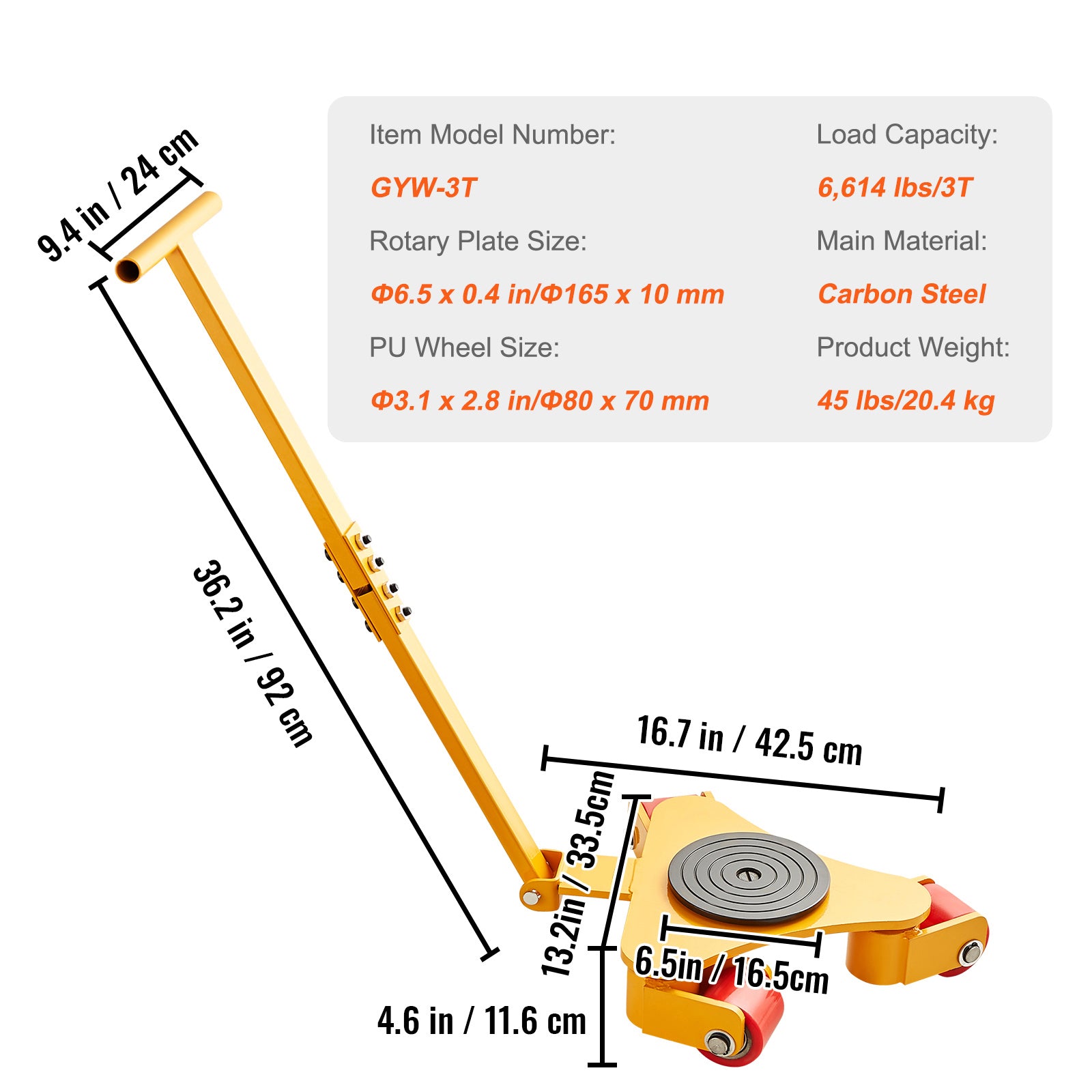 Machinery Skate Dolly, 6614 LBS/3T Industrial Machinery Mover with Handle, Carbon Steel Machinery Moving Skate with 3 360° Swivel PU Wheels, 360° Rotation Non-Slip Cap for Warehouse, Workshop