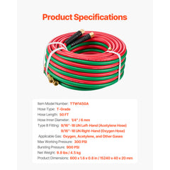 Oxygen Acetylene Hose 1/4-Inch x 50FT T Grade Hose 300PSI Max Working Pressure