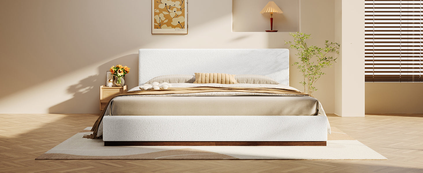 Elegant White Fabric Upholstered Bed With Nice Wood Grain Textured Solid Wood Base Frame,White,King