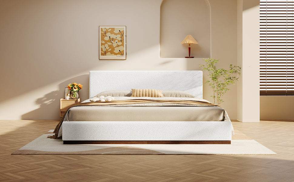 Elegant White Fabric Upholstered Bed With Nice Wood Grain Textured Solid Wood Base Frame,White,King