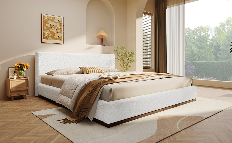 Elegant White Fabric Upholstered Bed With Nice Wood Grain Textured Solid Wood Base Frame,White,King