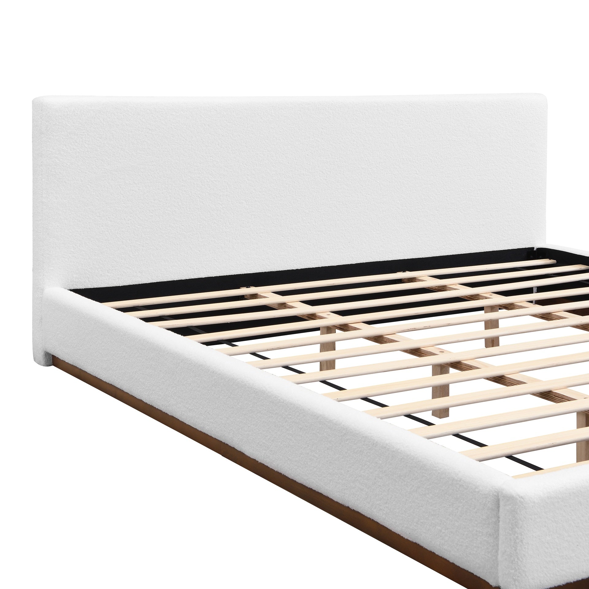 Elegant White Fabric Upholstered Bed With Nice Wood Grain Textured Solid Wood Base Frame,White,King