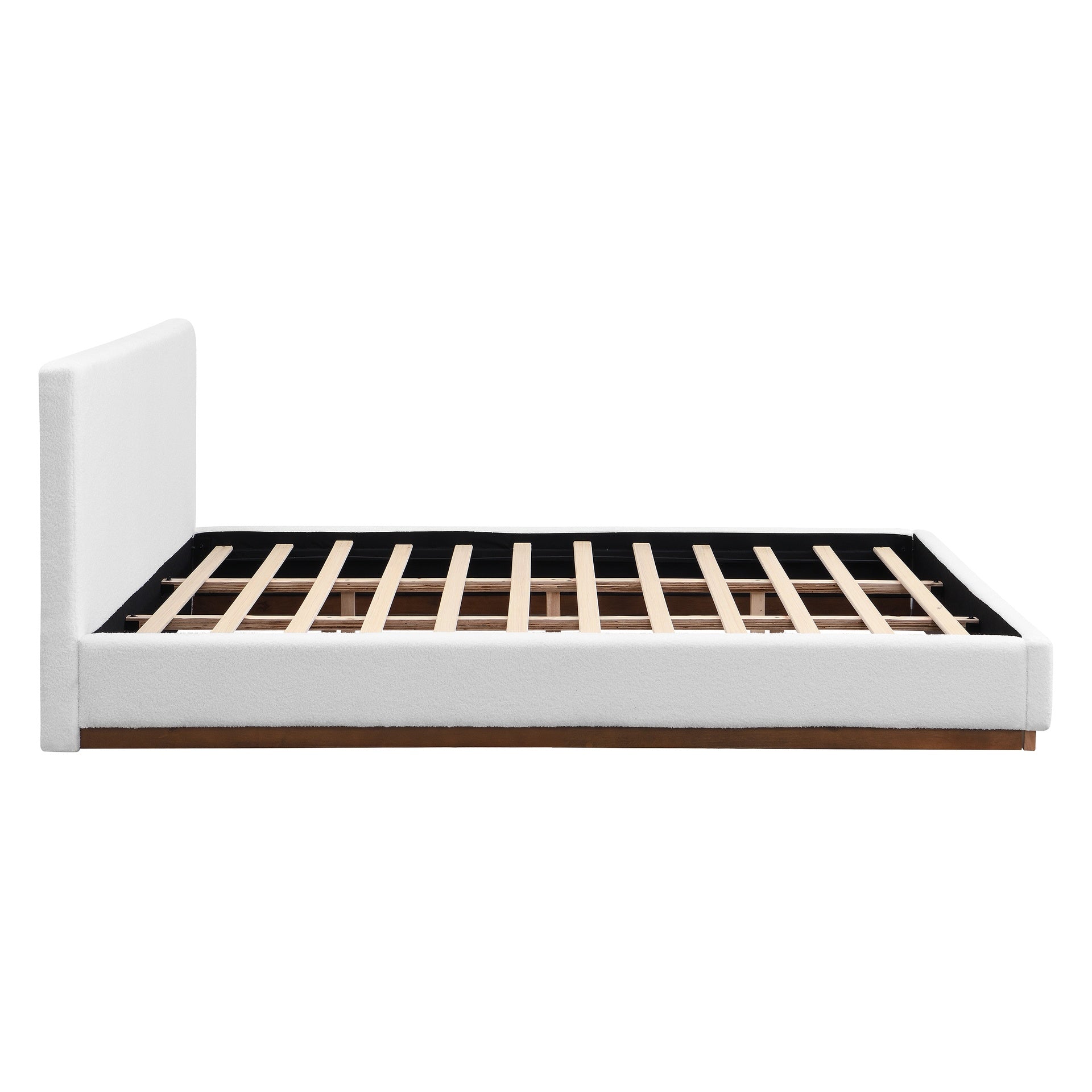 Elegant White Fabric Upholstered Bed With Nice Wood Grain Textured Solid Wood Base Frame,White,King