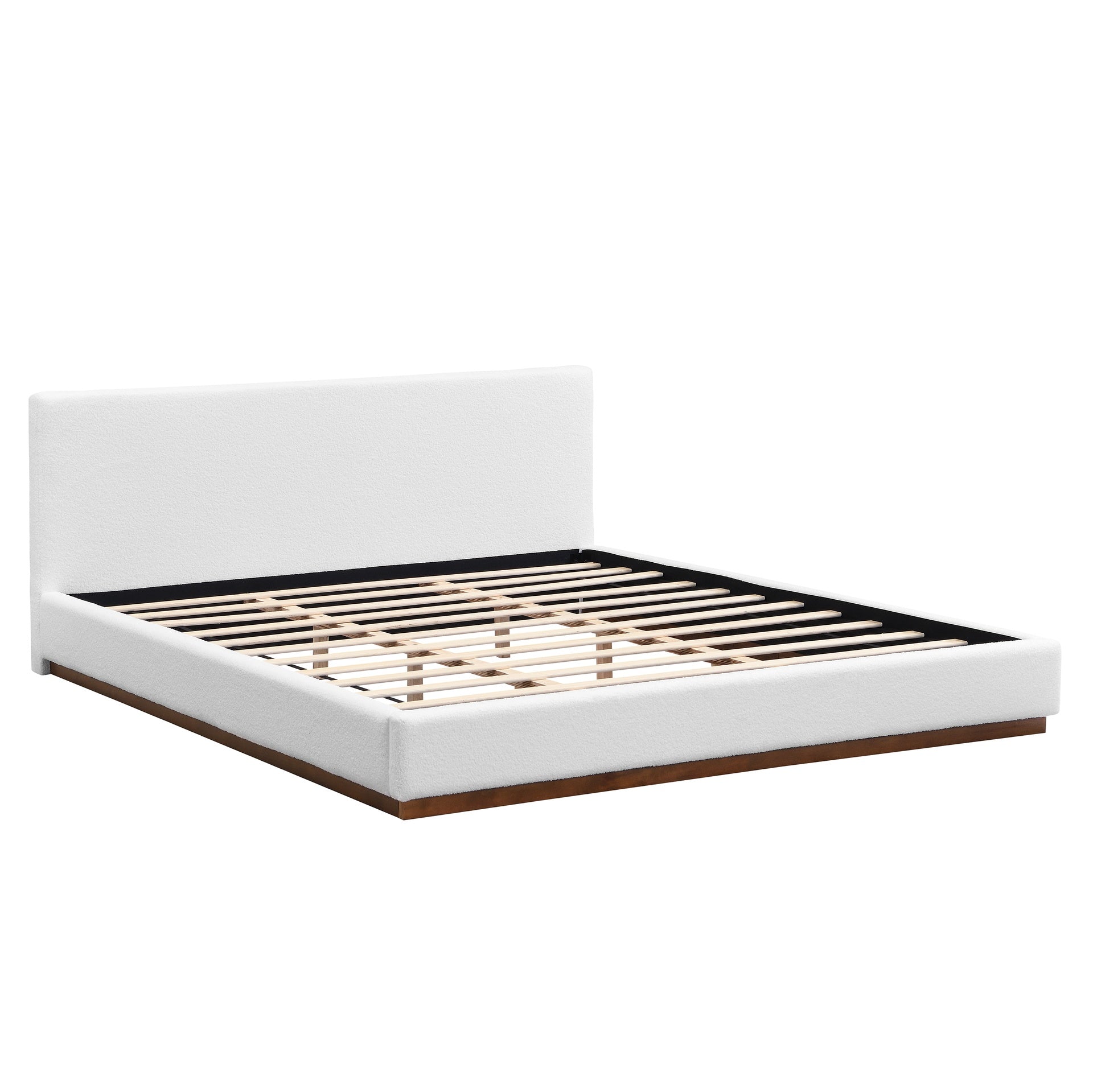 Elegant White Fabric Upholstered Bed With Nice Wood Grain Textured Solid Wood Base Frame,White,King