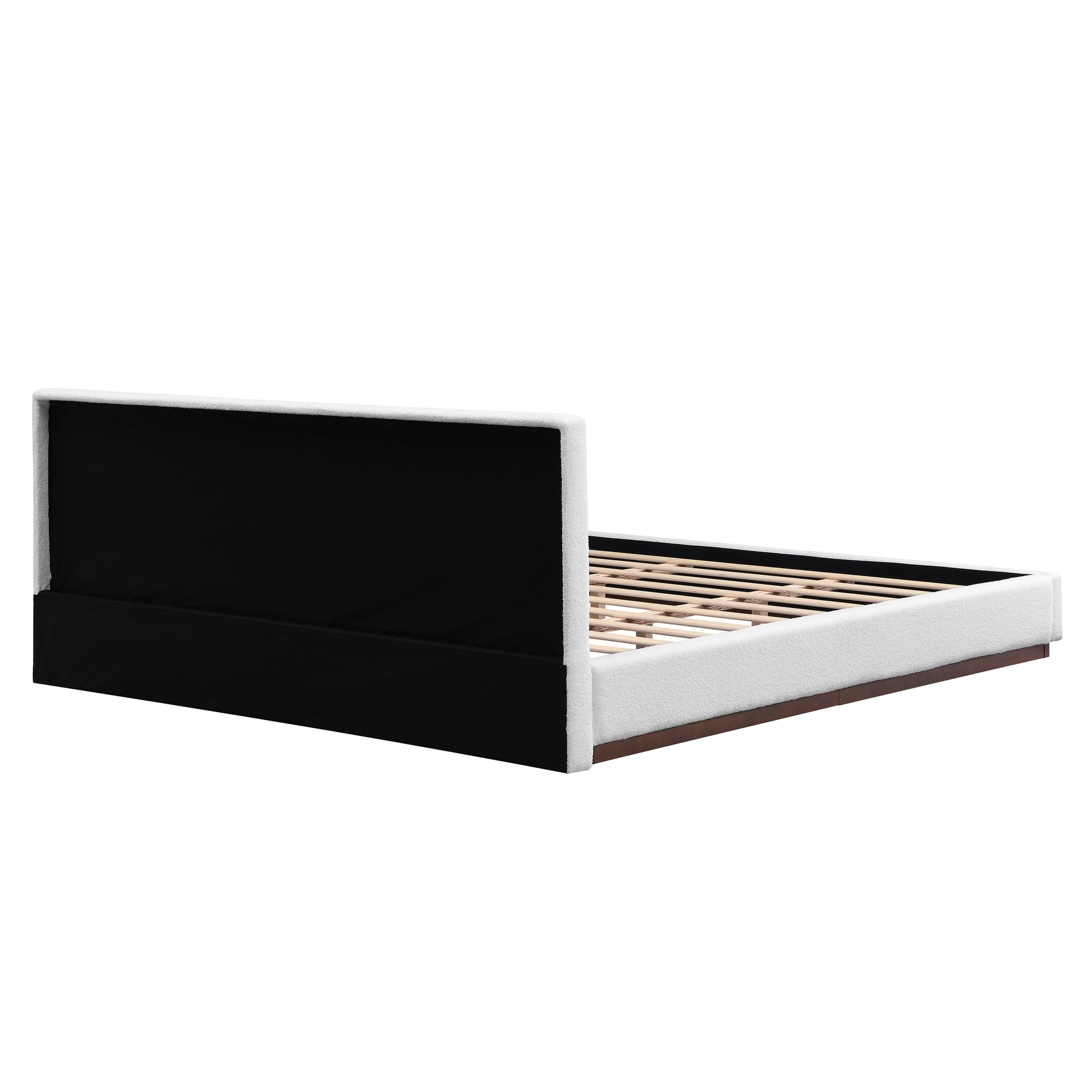 Elegant White Fabric Upholstered Bed With Nice Wood Grain Textured Solid Wood Base Frame,White,King