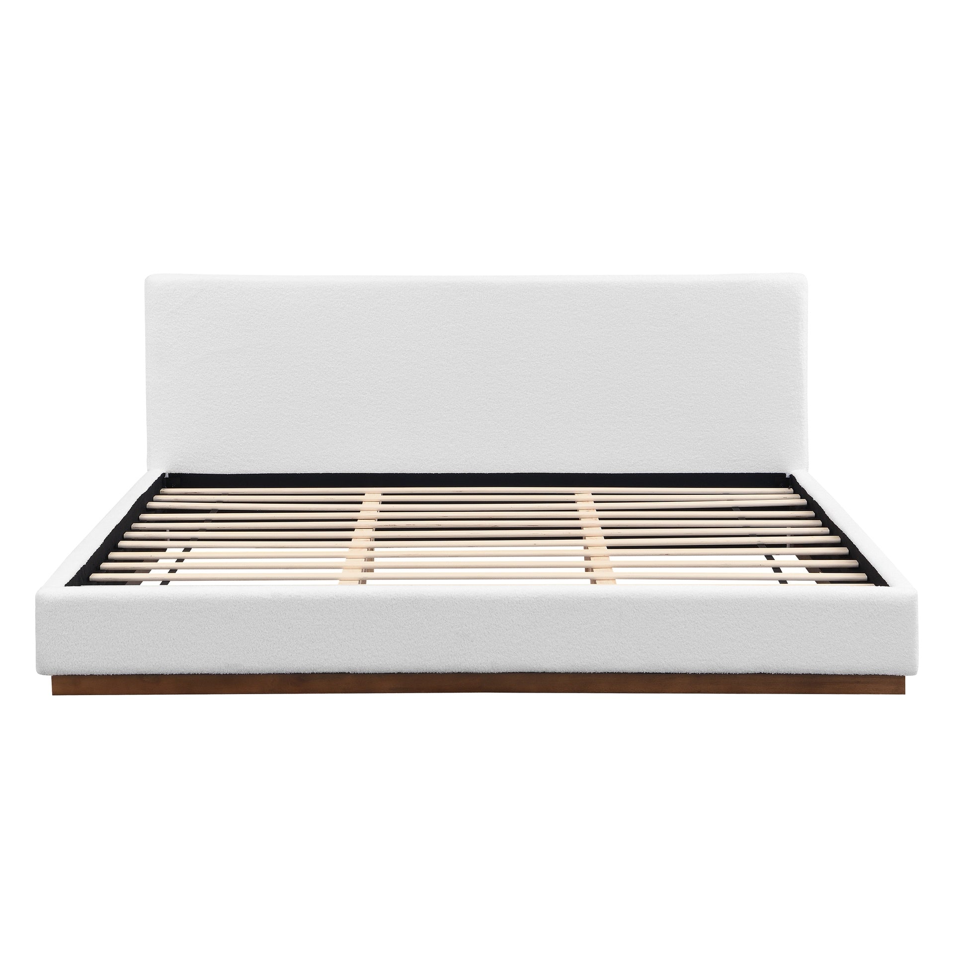 Elegant White Fabric Upholstered Bed With Nice Wood Grain Textured Solid Wood Base Frame,White,King