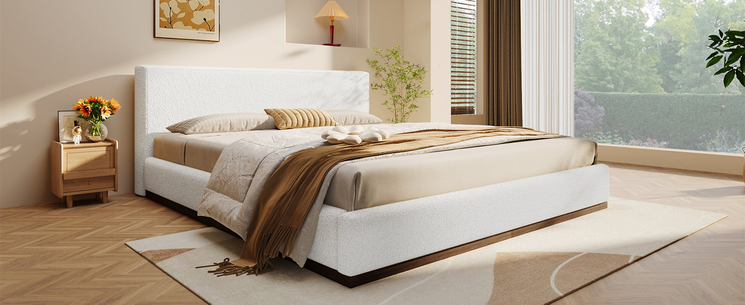 Elegant White Fabric Upholstered Bed With Nice Wood Grain Textured Solid Wood Base Frame,White,King