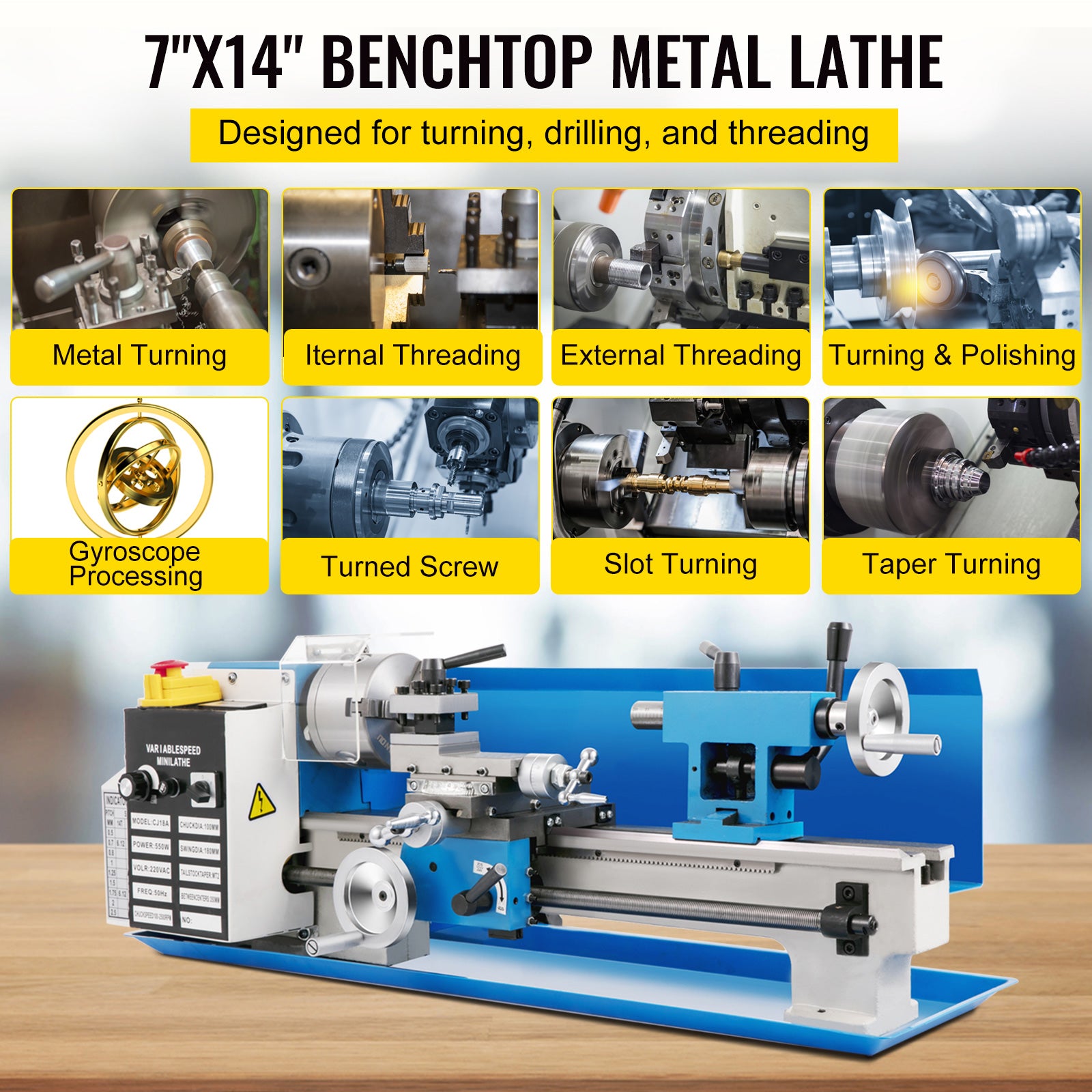 7"X14" Mini Precision Wood Lathe 550W Metal Bench Lathe Turning Machine