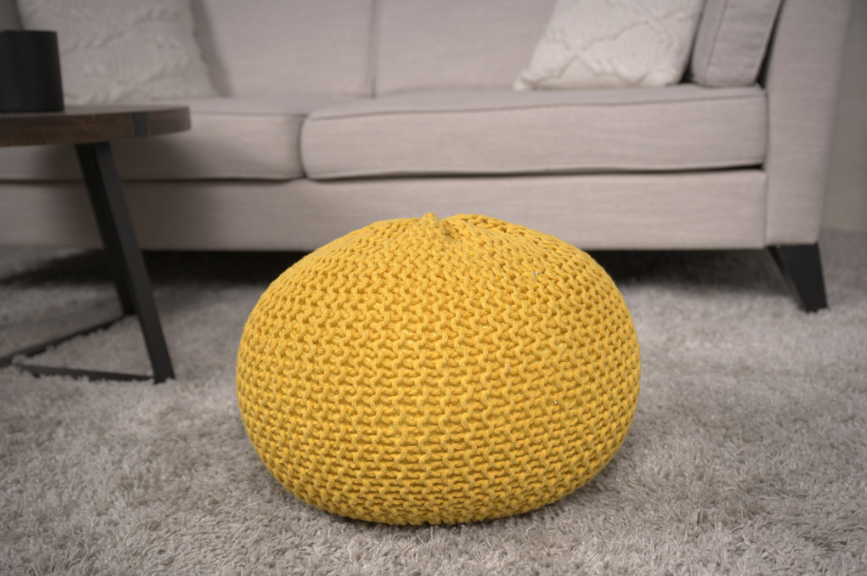 Bordeaux  Knitted Cotton Round Pouf, Yellow