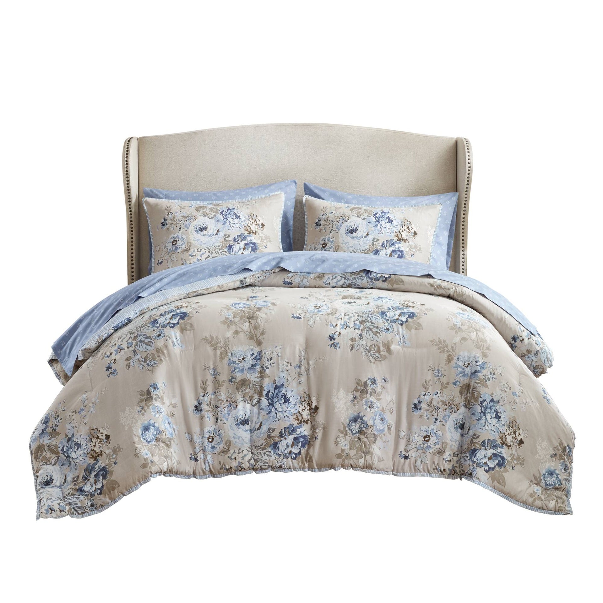 7-Piece Queen 7 Piece Vintage-inspired Collection floral print,Beige/Blue