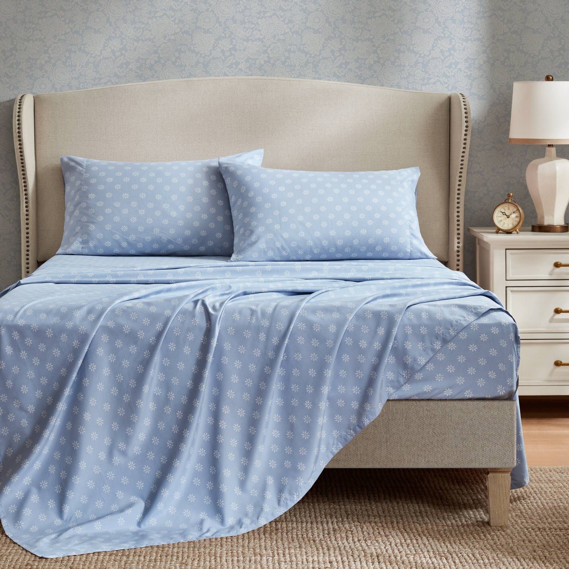7-Piece Queen 7 Piece Vintage-inspired Collection floral print,Beige/Blue