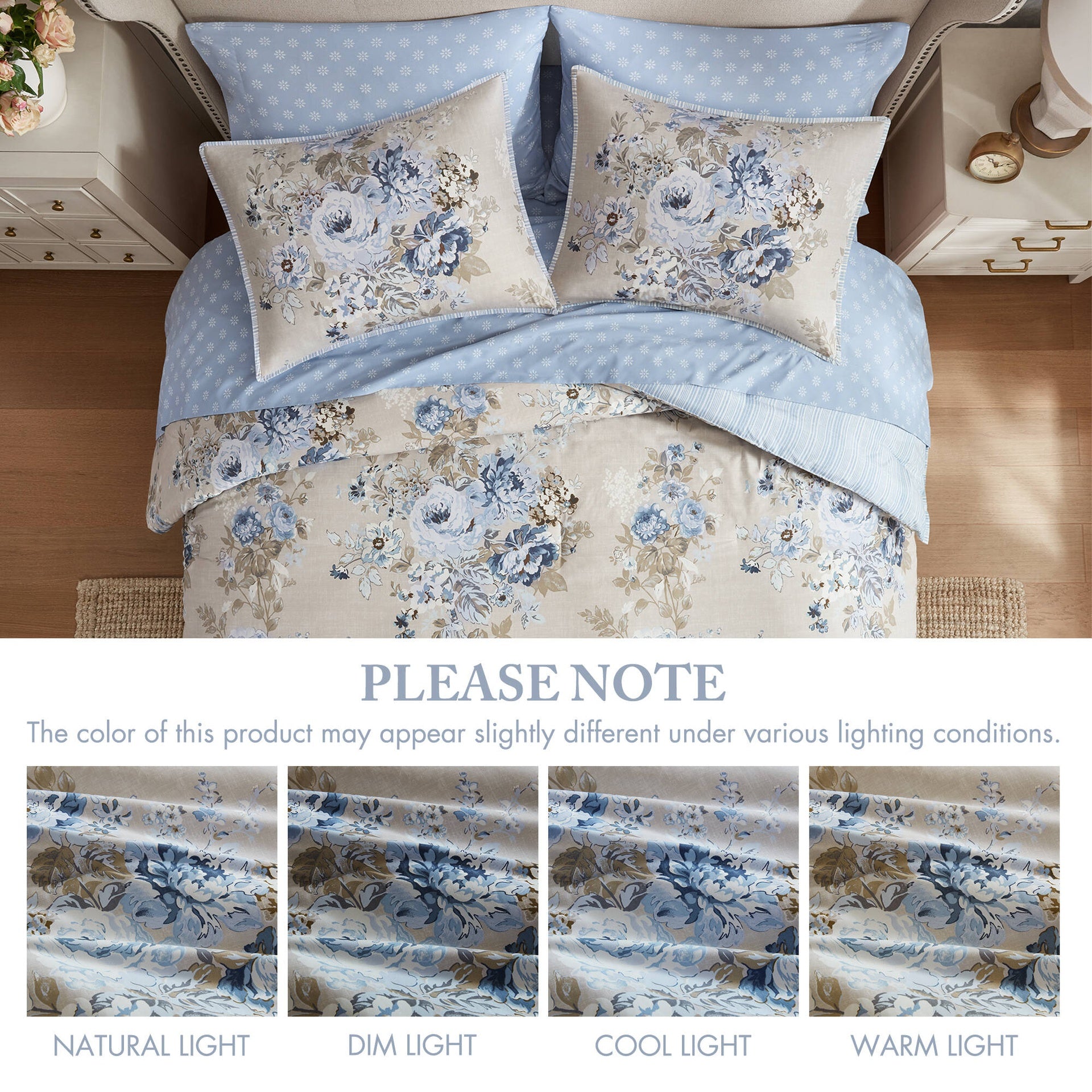 7-Piece Queen 7 Piece Vintage-inspired Collection floral print,Beige/Blue