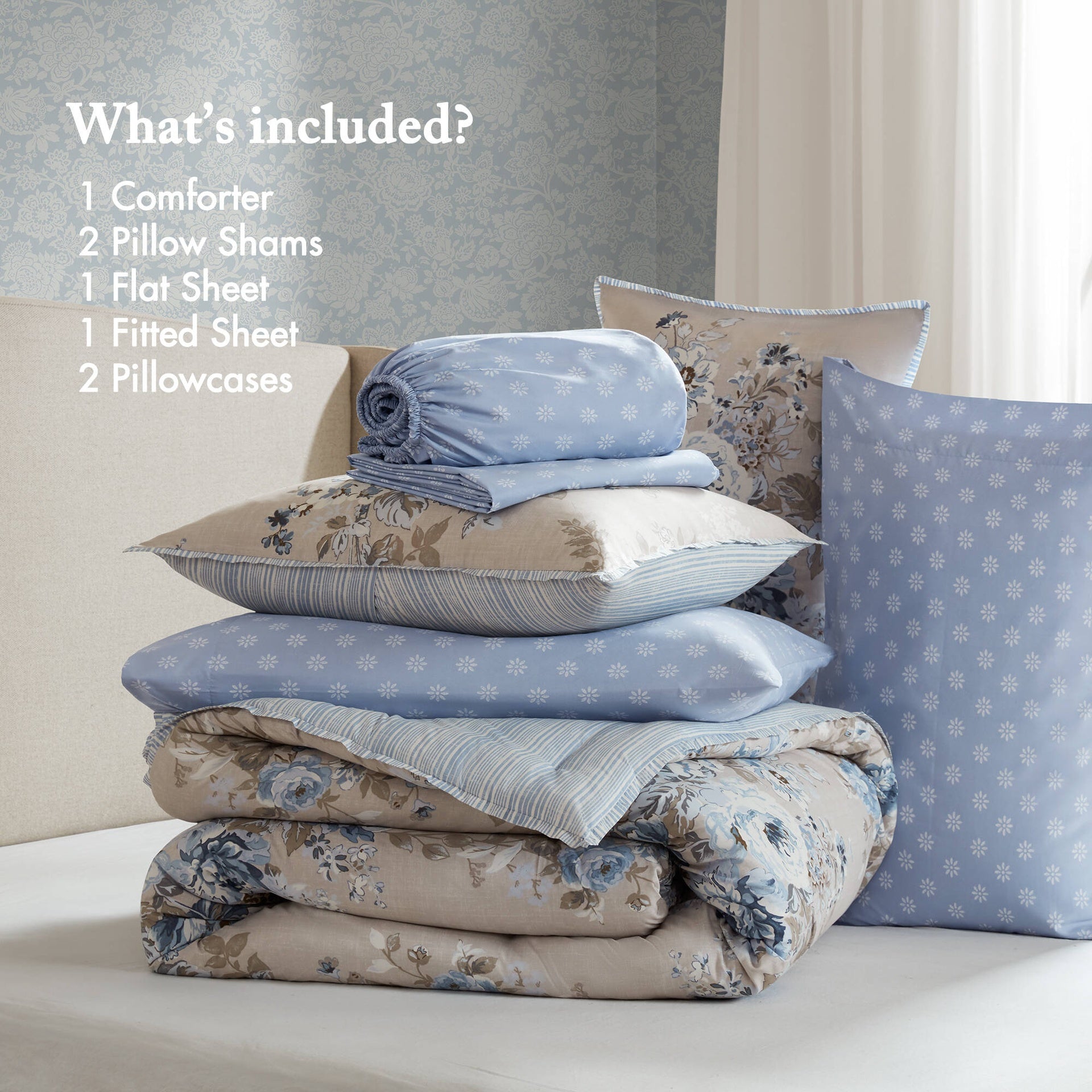 7-Piece Queen 7 Piece Vintage-inspired Collection floral print,Beige/Blue