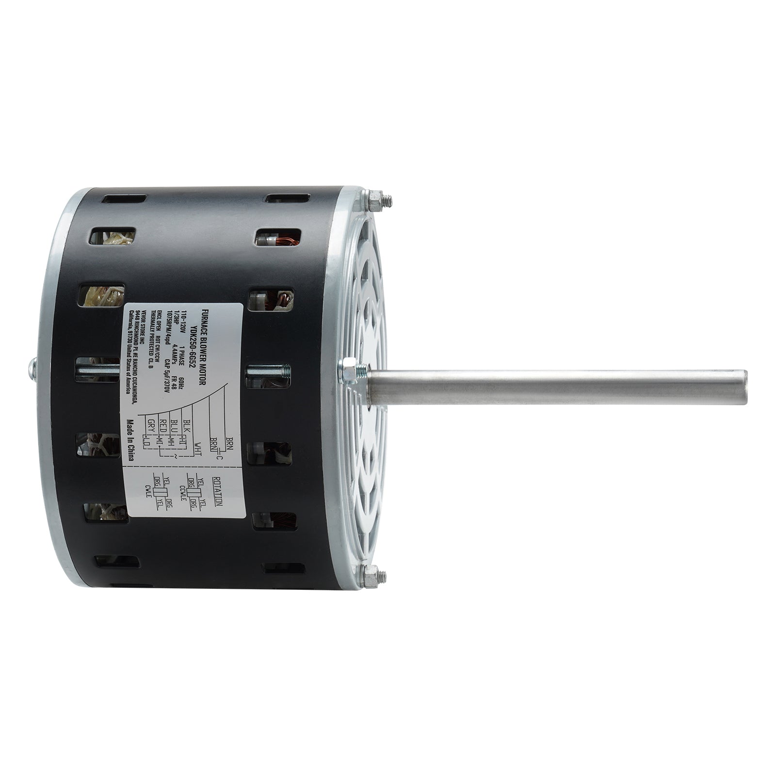 1/3HP Furnace Blower Motor, 110/120V 4.4Amps, 1075RPM 4 Speeds, CW/CCW Rotation, 48 Frame 5.2" Shaft Length, 5μF/370V Capacitor + 11" Hold Hoop