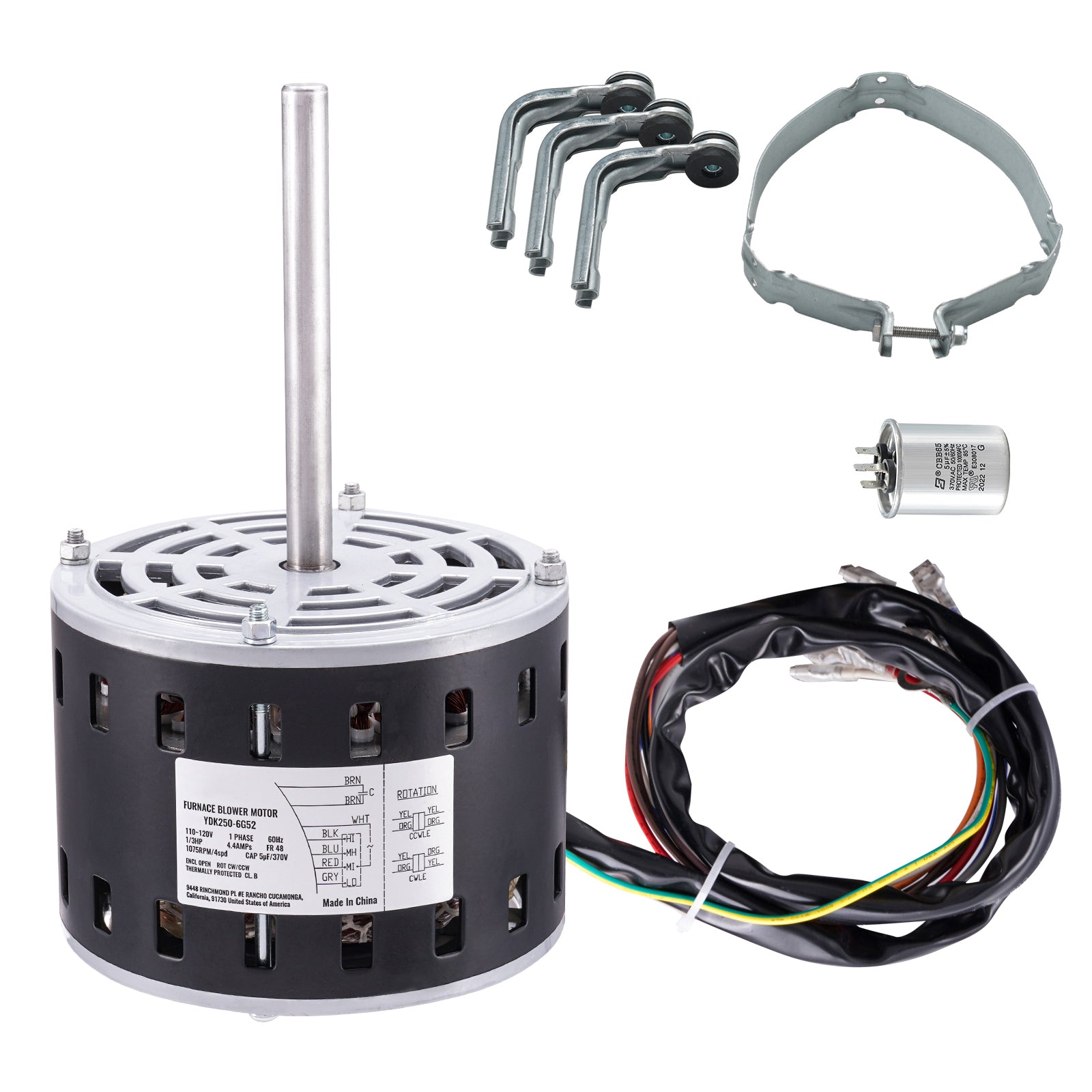 1/3HP Furnace Blower Motor, 110/120V 4.4Amps, 1075RPM 4 Speeds, CW/CCW Rotation, 48 Frame 5.2" Shaft Length, 5μF/370V Capacitor + 11" Hold Hoop