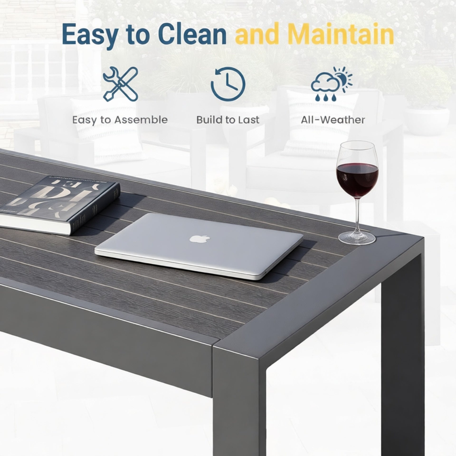 43" All-Weather Aluminum Patio Coffee Table, Modern Gray Rectangle Outdoor Table