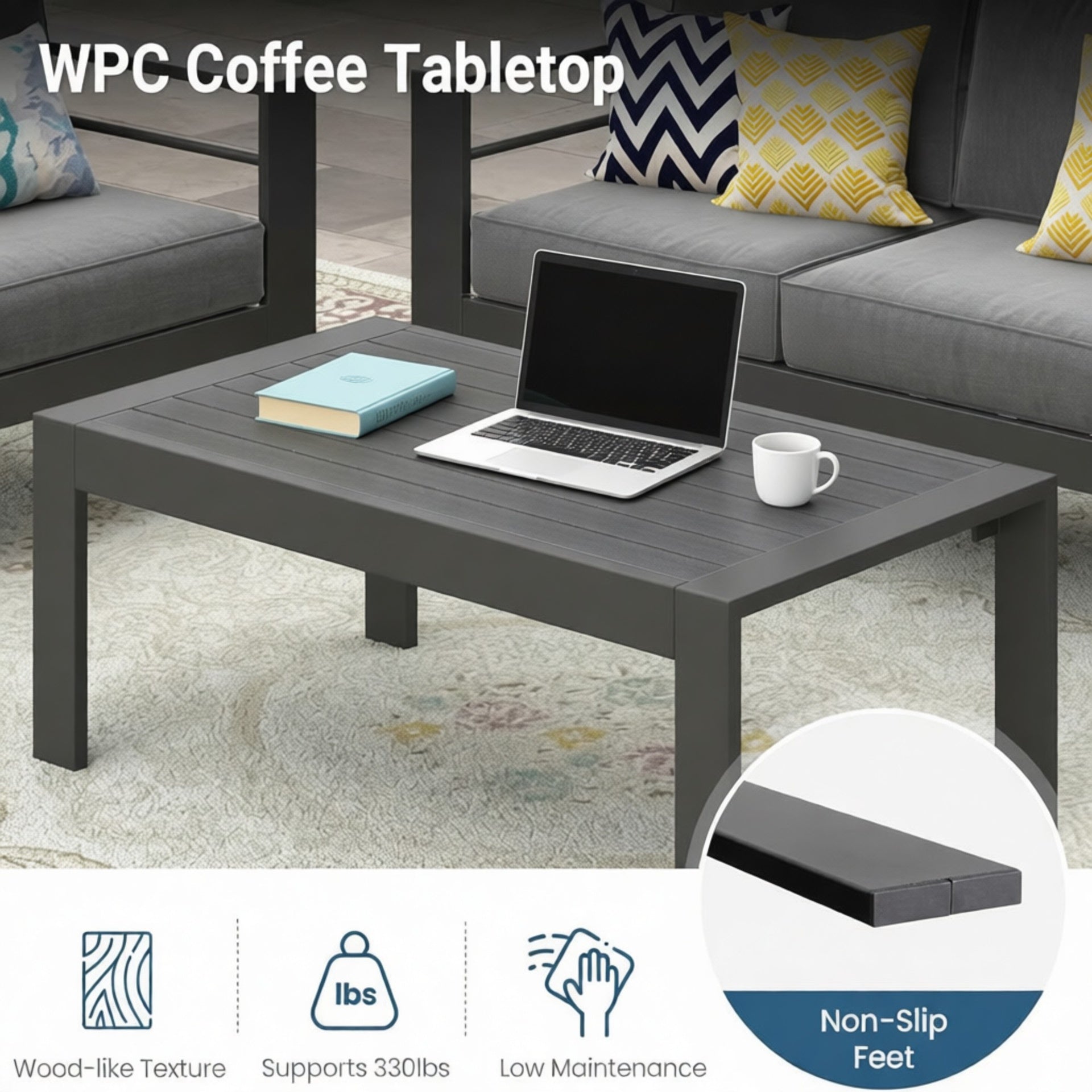 43" All-Weather Aluminum Patio Coffee Table, Modern Gray Rectangle Outdoor Table