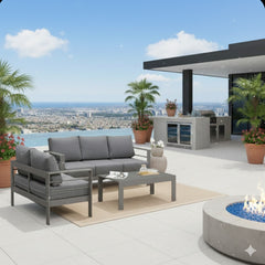 3-Piece Modern Aluminum Patio Conversation Set, 5-Seat Outdoor Sofa with  Thick dark Gray Cushions & Gray Frame and Coffee Table