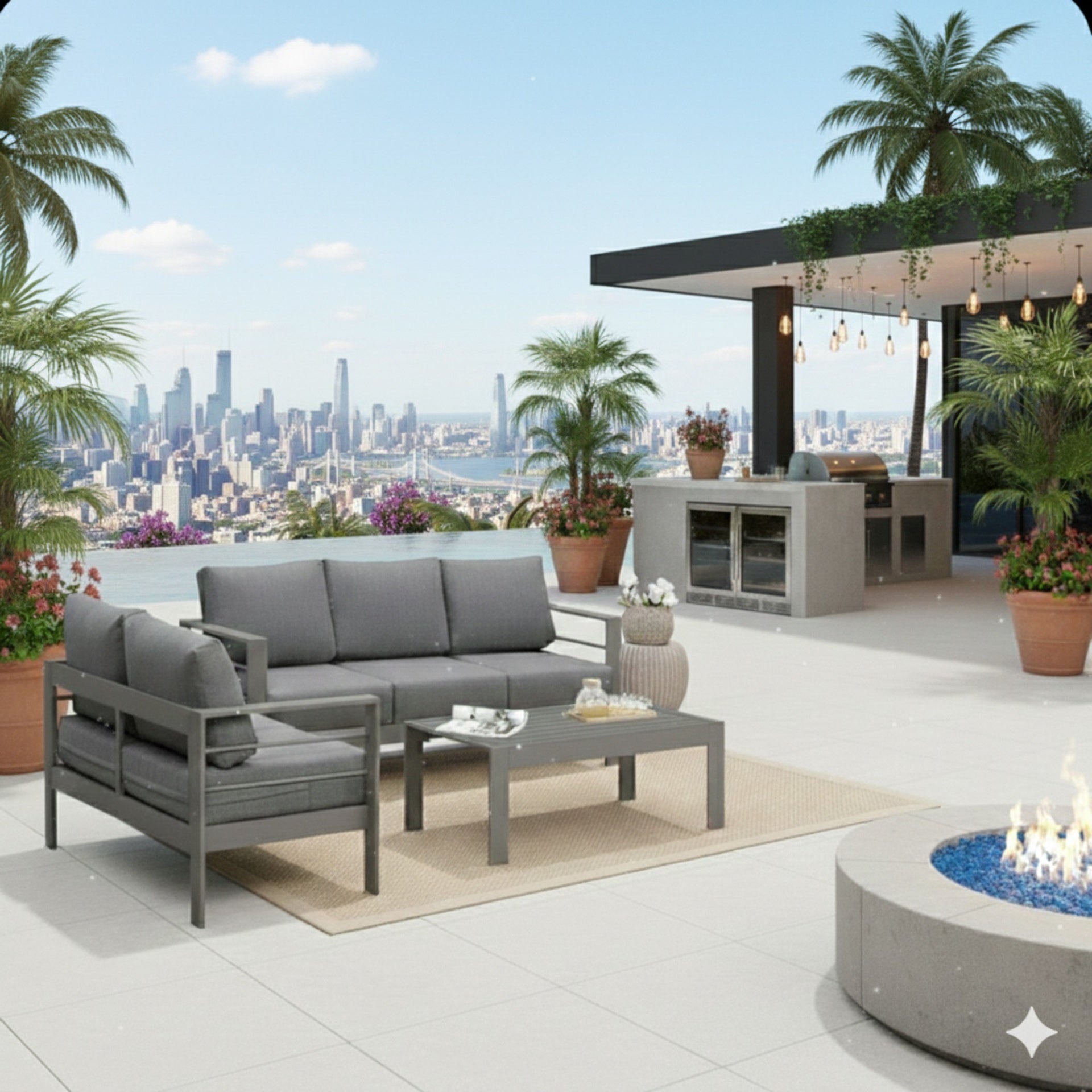 3-Piece Modern Aluminum Patio Conversation Set, 5-Seat Outdoor Sofa with  Thick dark Gray Cushions & Gray Frame and Coffee Table