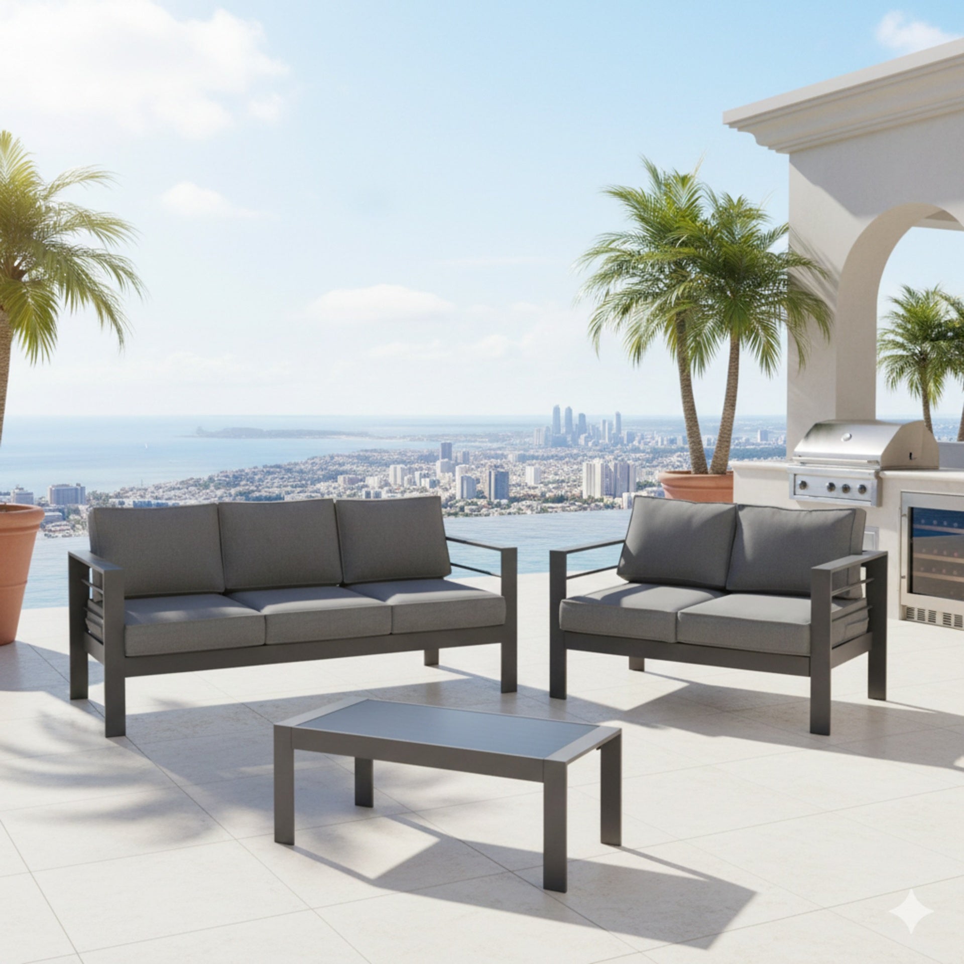 3-Piece Modern Aluminum Patio Conversation Set, 5-Seat Outdoor Sofa with  Thick dark Gray Cushions & Gray Frame and Coffee Table