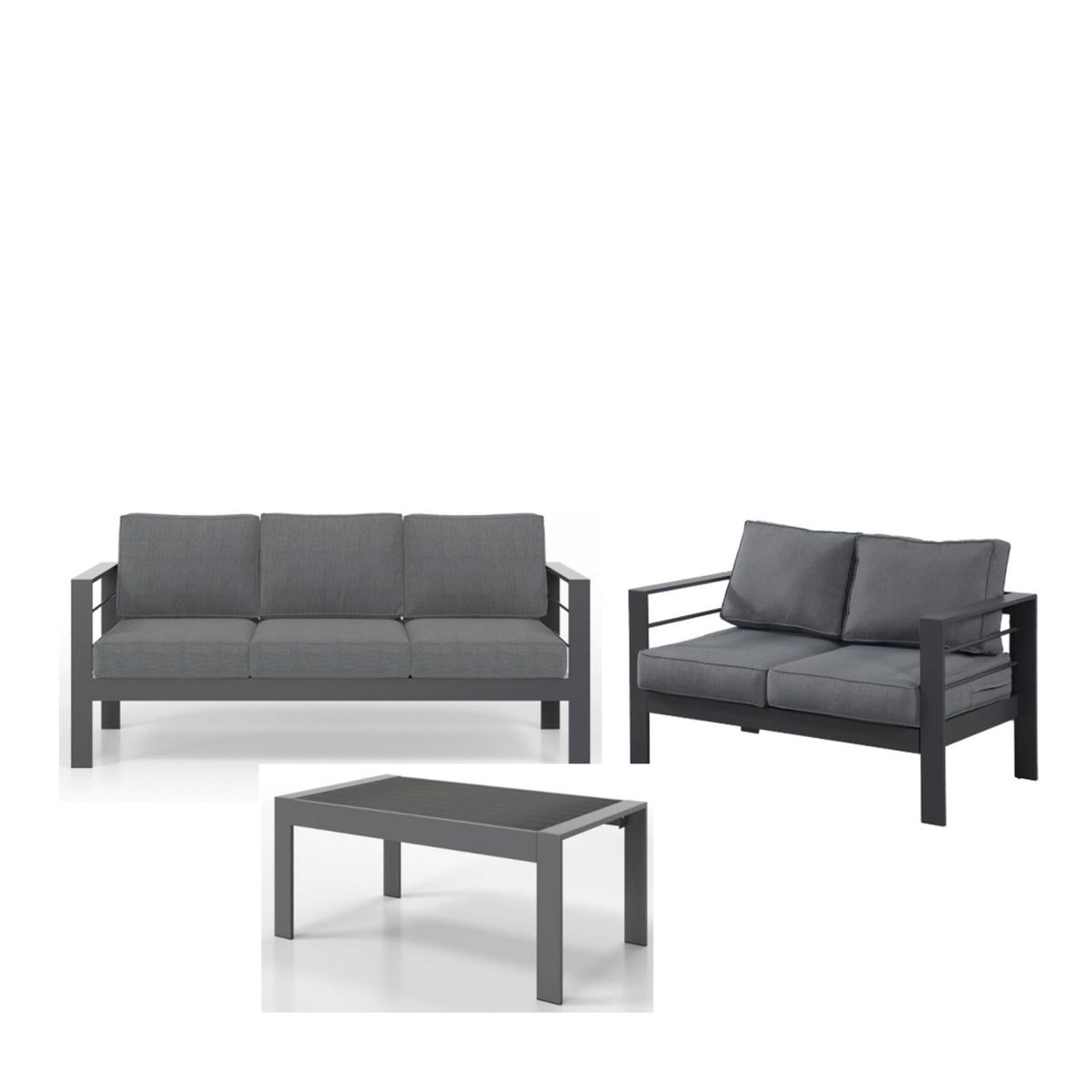 3-Piece Modern Aluminum Patio Conversation Set, 5-Seat Outdoor Sofa with  Thick dark Gray Cushions & Gray Frame and Coffee Table