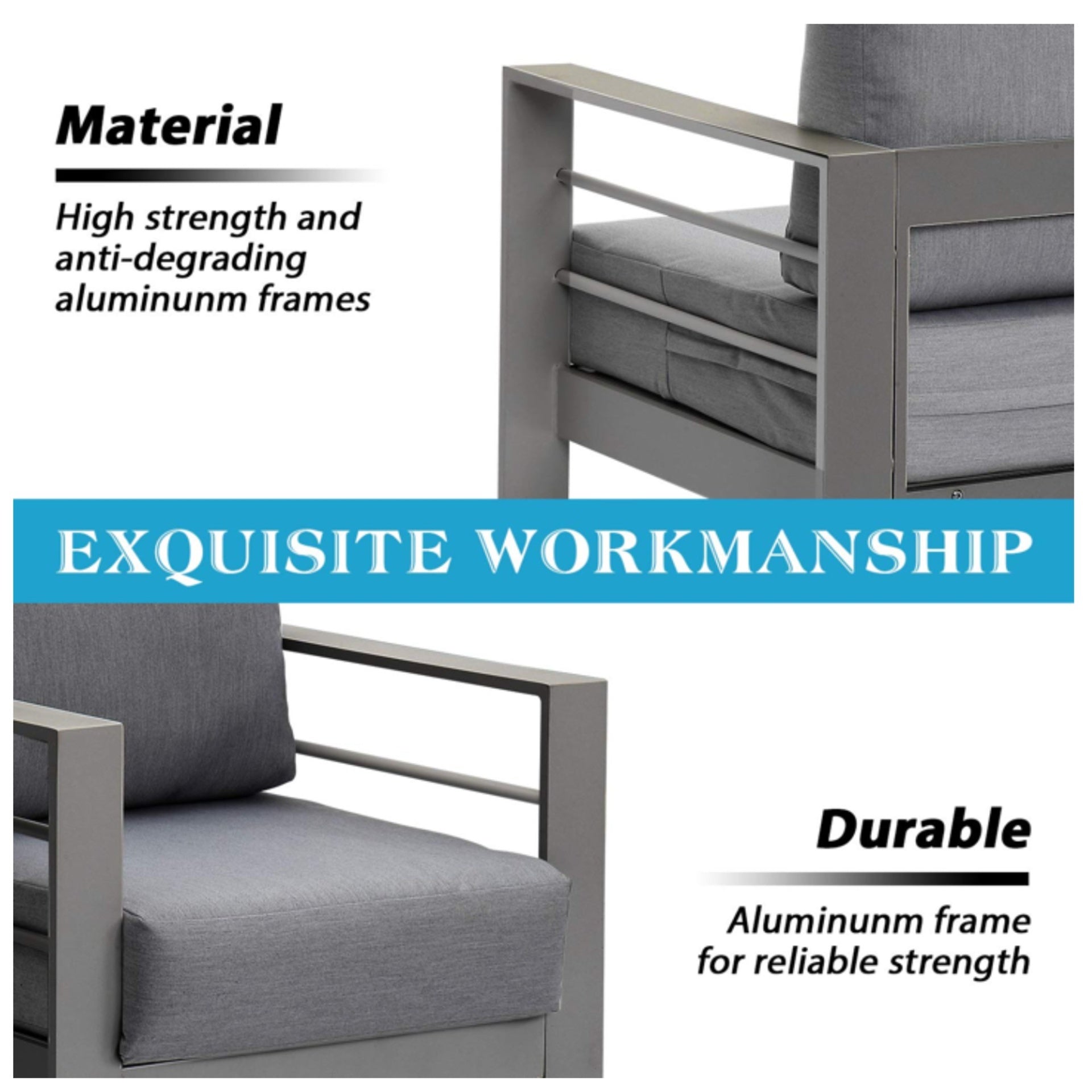 3-Piece Modern Aluminum Patio Conversation Set, 5-Seat Outdoor Sofa with  Thick dark Gray Cushions & Gray Frame and Coffee Table