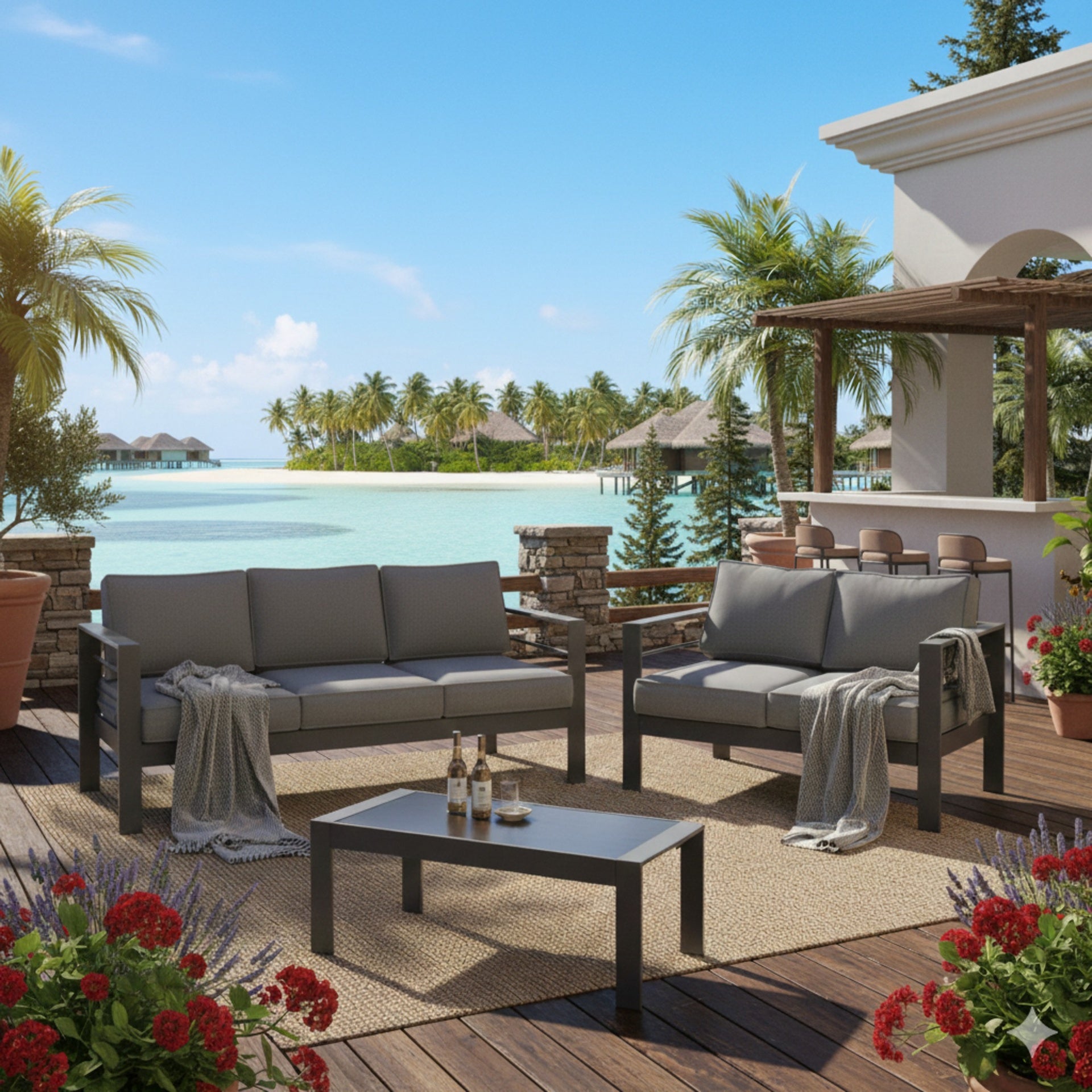 3-Piece Modern Aluminum Patio Conversation Set, 5-Seat Outdoor Sofa with  Thick dark Gray Cushions & Gray Frame and Coffee Table