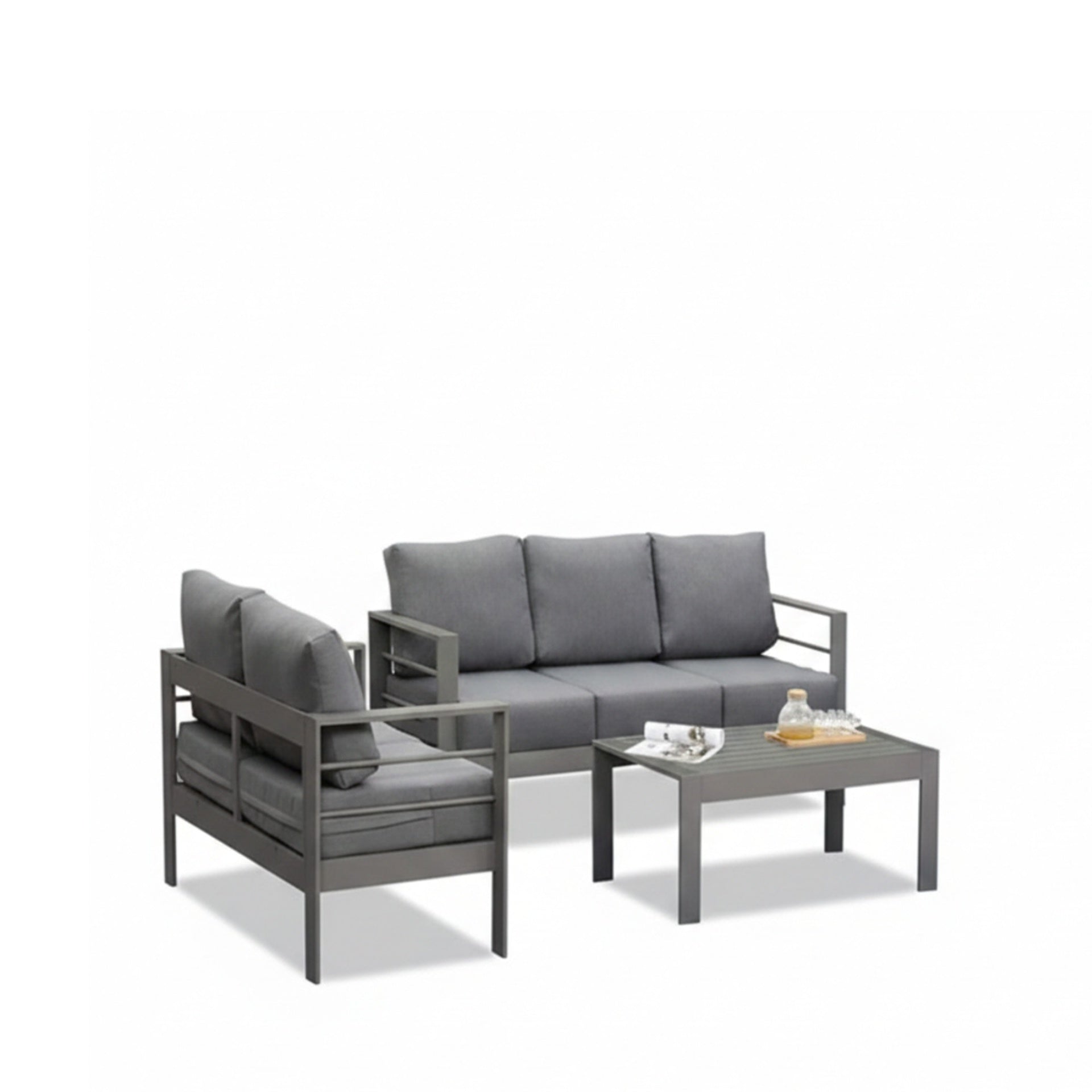 3-Piece Modern Aluminum Patio Conversation Set, 5-Seat Outdoor Sofa with  Thick dark Gray Cushions & Gray Frame and Coffee Table