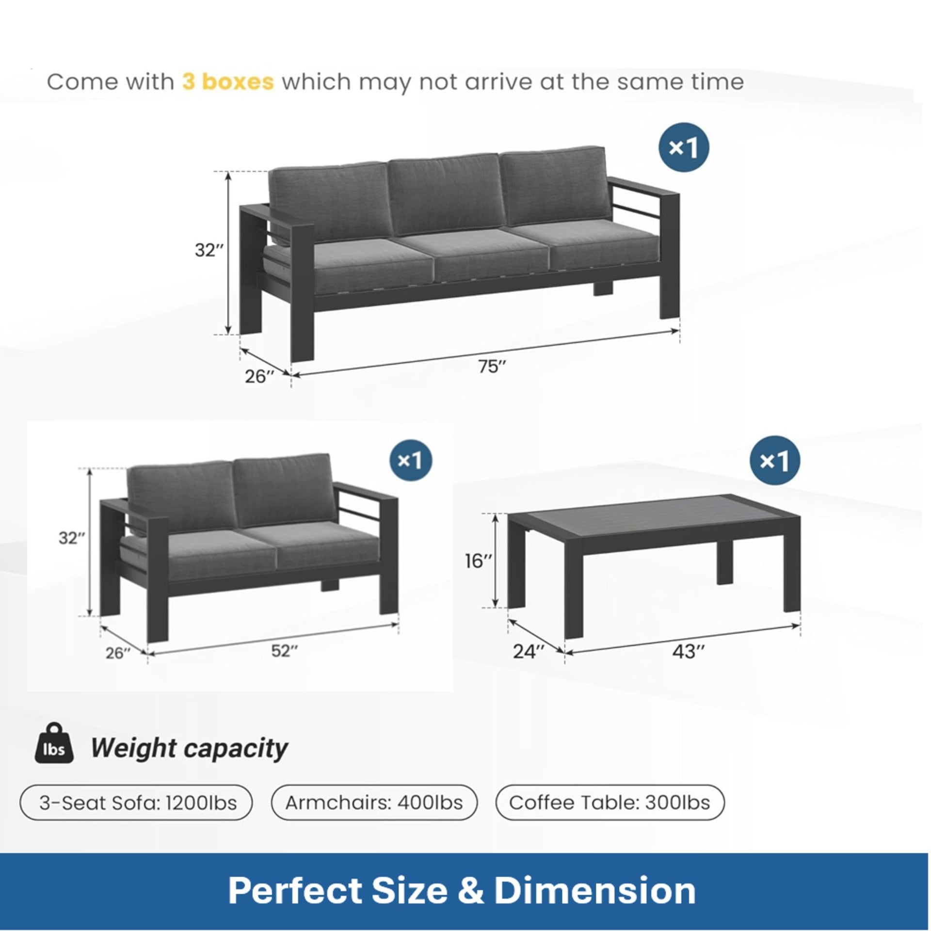 3-Piece Modern Aluminum Patio Conversation Set, 5-Seat Outdoor Sofa with  Thick dark Gray Cushions & Gray Frame and Coffee Table