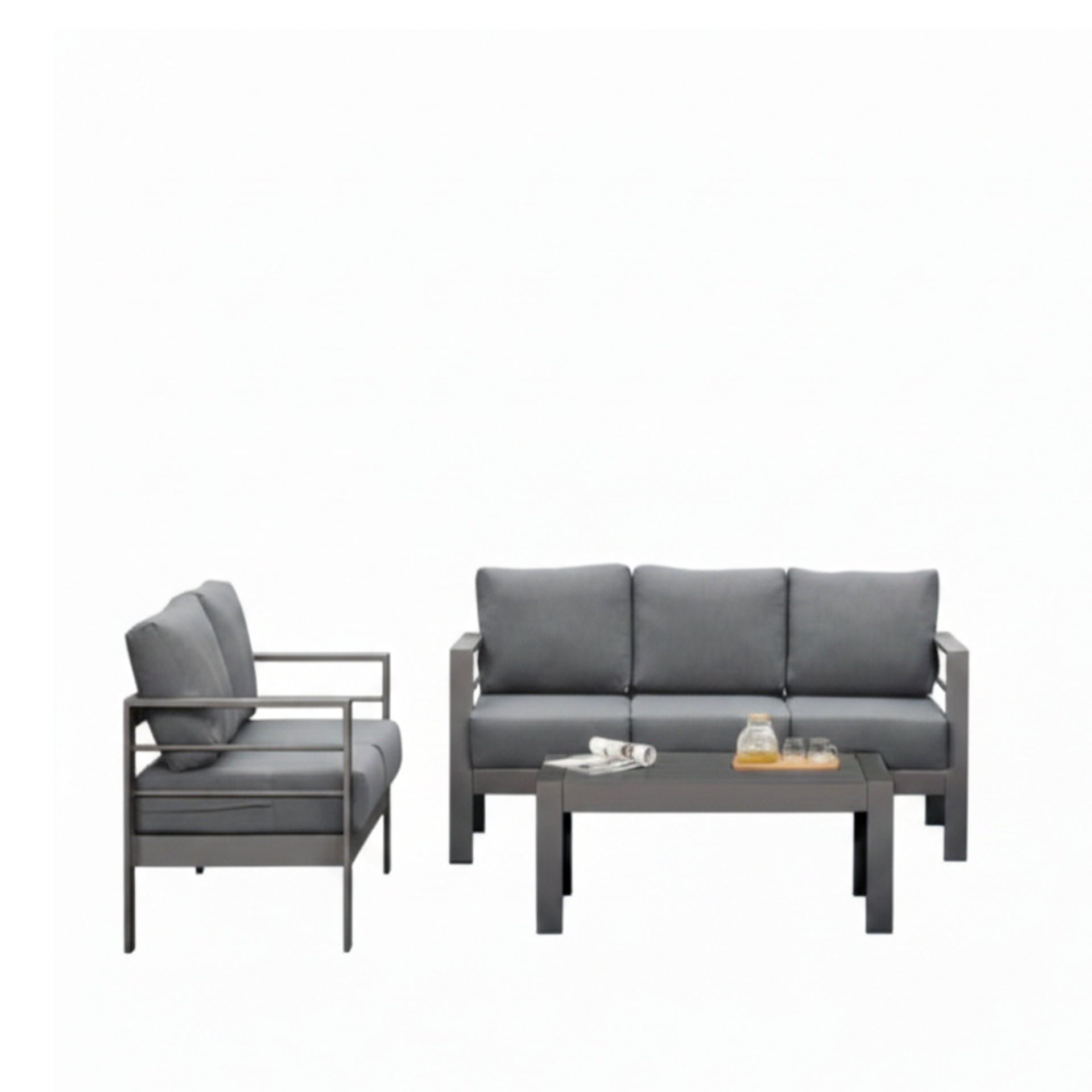 3-Piece Modern Aluminum Patio Conversation Set, 5-Seat Outdoor Sofa with  Thick dark Gray Cushions & Gray Frame and Coffee Table