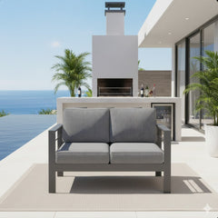 50" All-Weather Aluminum Patio Loveseat with  Thick Dark Gray Cushions & Gray Frame