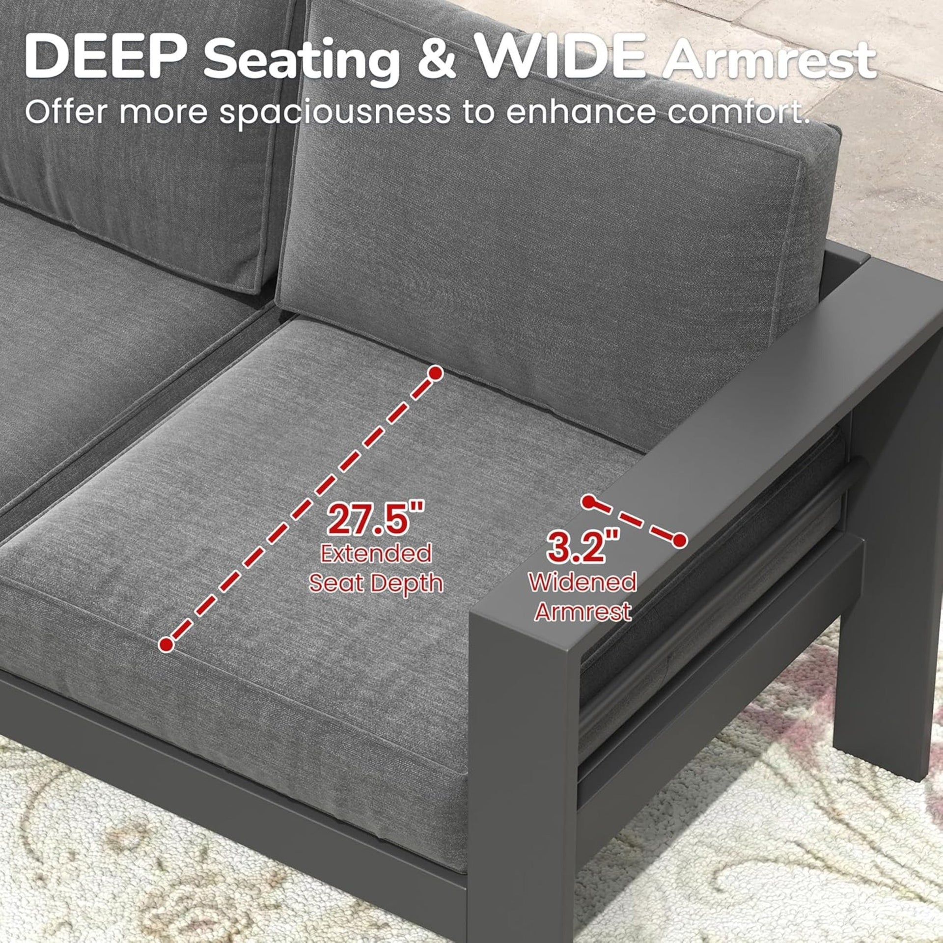 50" All-Weather Aluminum Patio Loveseat with  Thick Dark Gray Cushions & Gray Frame