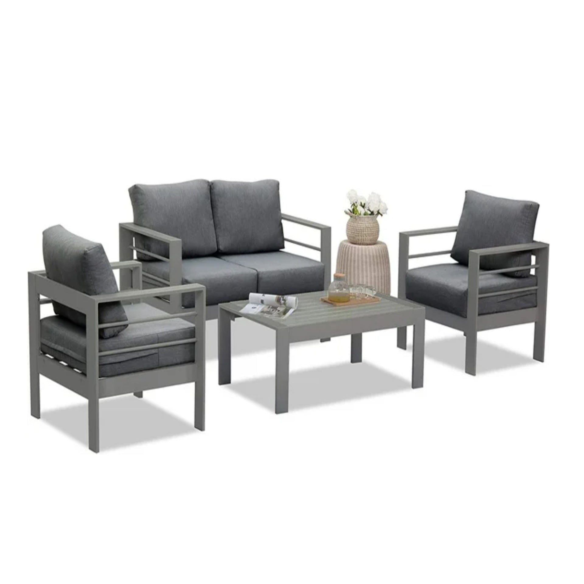 50" All-Weather Aluminum Patio Loveseat with  Thick Dark Gray Cushions & Gray Frame