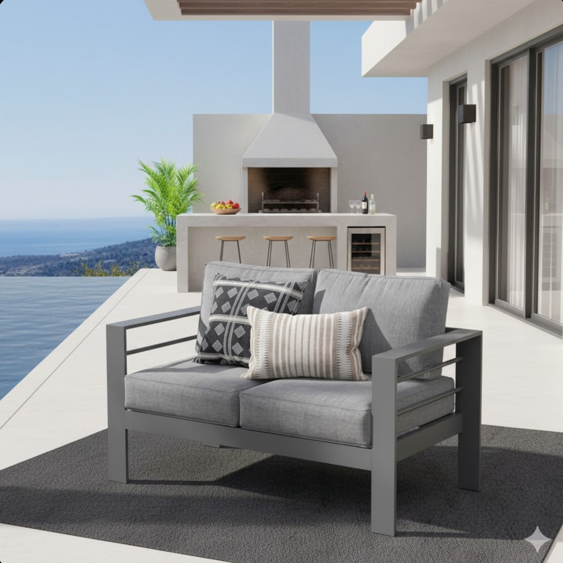 50" All-Weather Aluminum Patio Loveseat with  Thick Dark Gray Cushions & Gray Frame