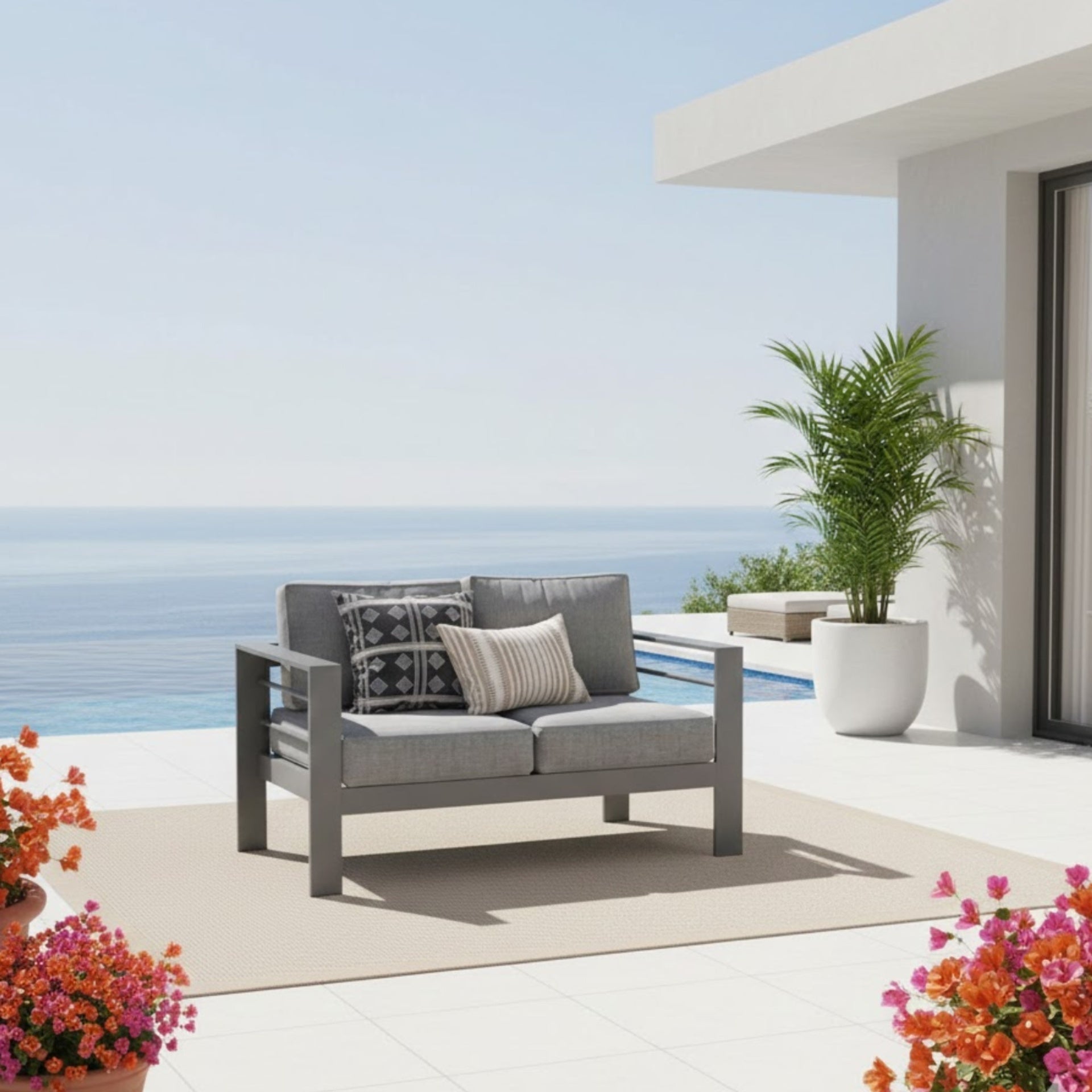 50" All-Weather Aluminum Patio Loveseat with  Thick Dark Gray Cushions & Gray Frame