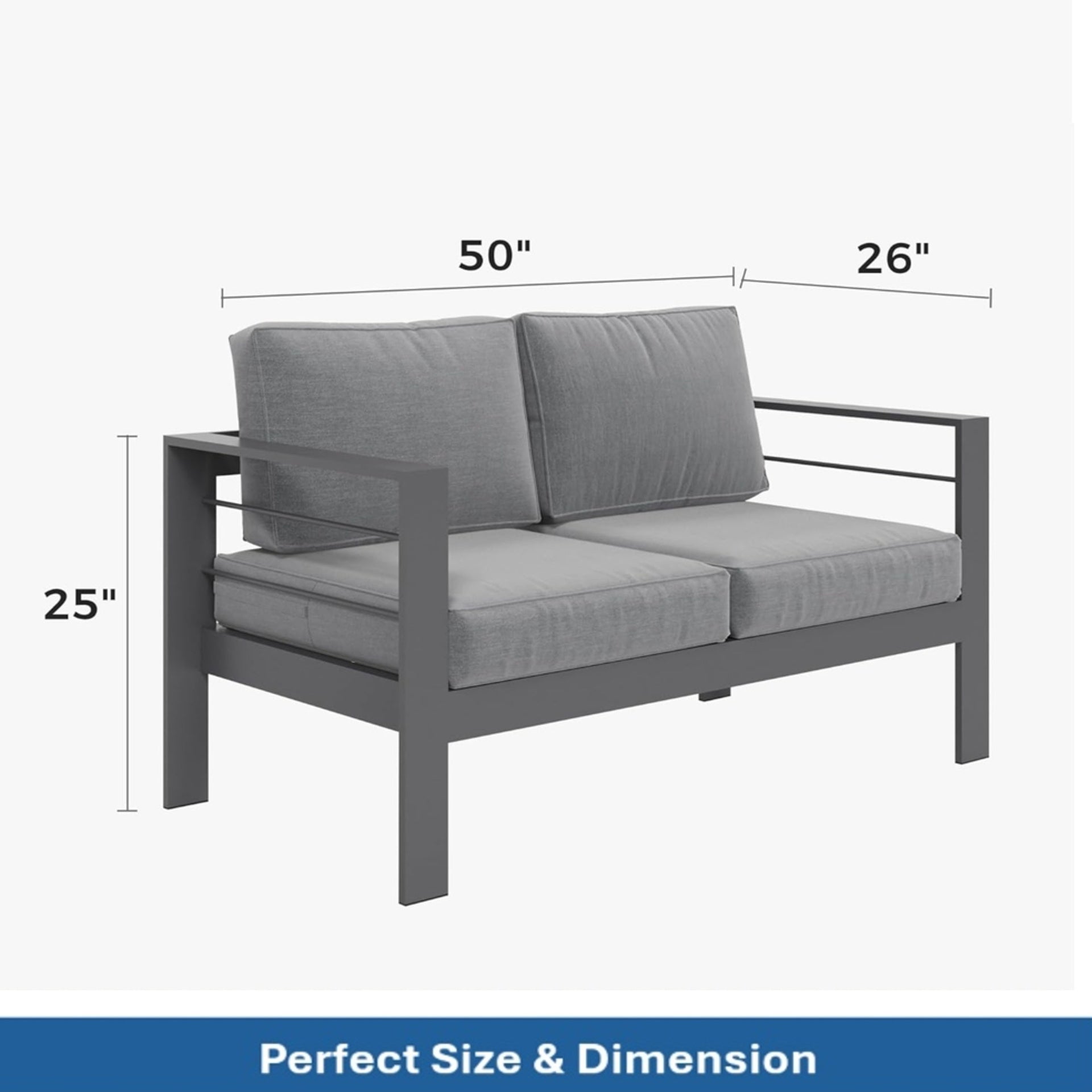 50" All-Weather Aluminum Patio Loveseat with  Thick Dark Gray Cushions & Gray Frame