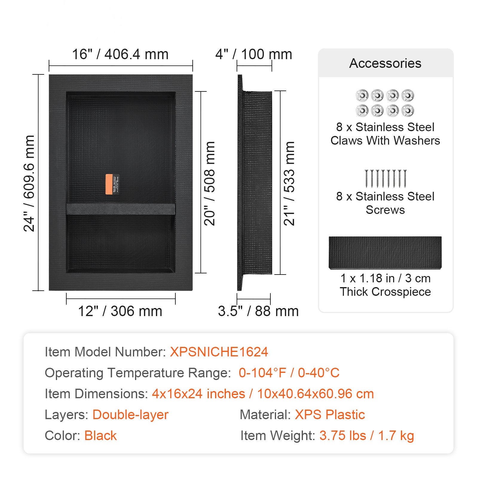 Shower Niche Ready for Tile 16" x 24", Double Shelf Organizer, Square Corners Wall-inserted Niche Recessed, Sealed Protection Modern Soap Storage Niche for Shower Bathroom, Black
