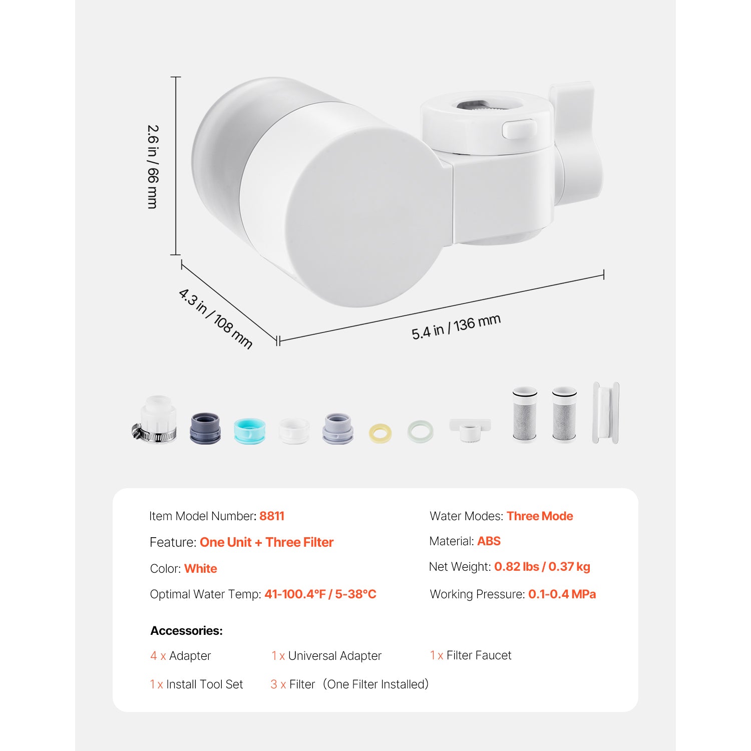 Faucet Mount Water Filters Sink Water Purifier for Kitchen White Horizontal