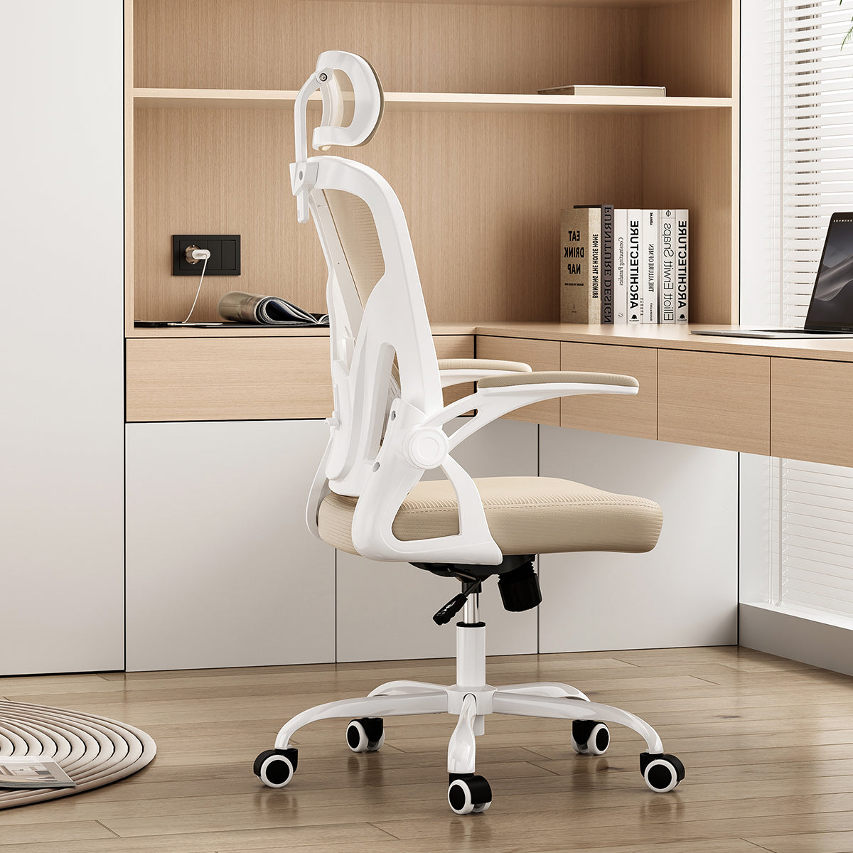 Ergonomic Office Chair, Home Office Desk Chair with Headrest, High Back Computer Chair with Armrests and Adjustable Lumbar Support for Home Office Study Room,White & Khaki