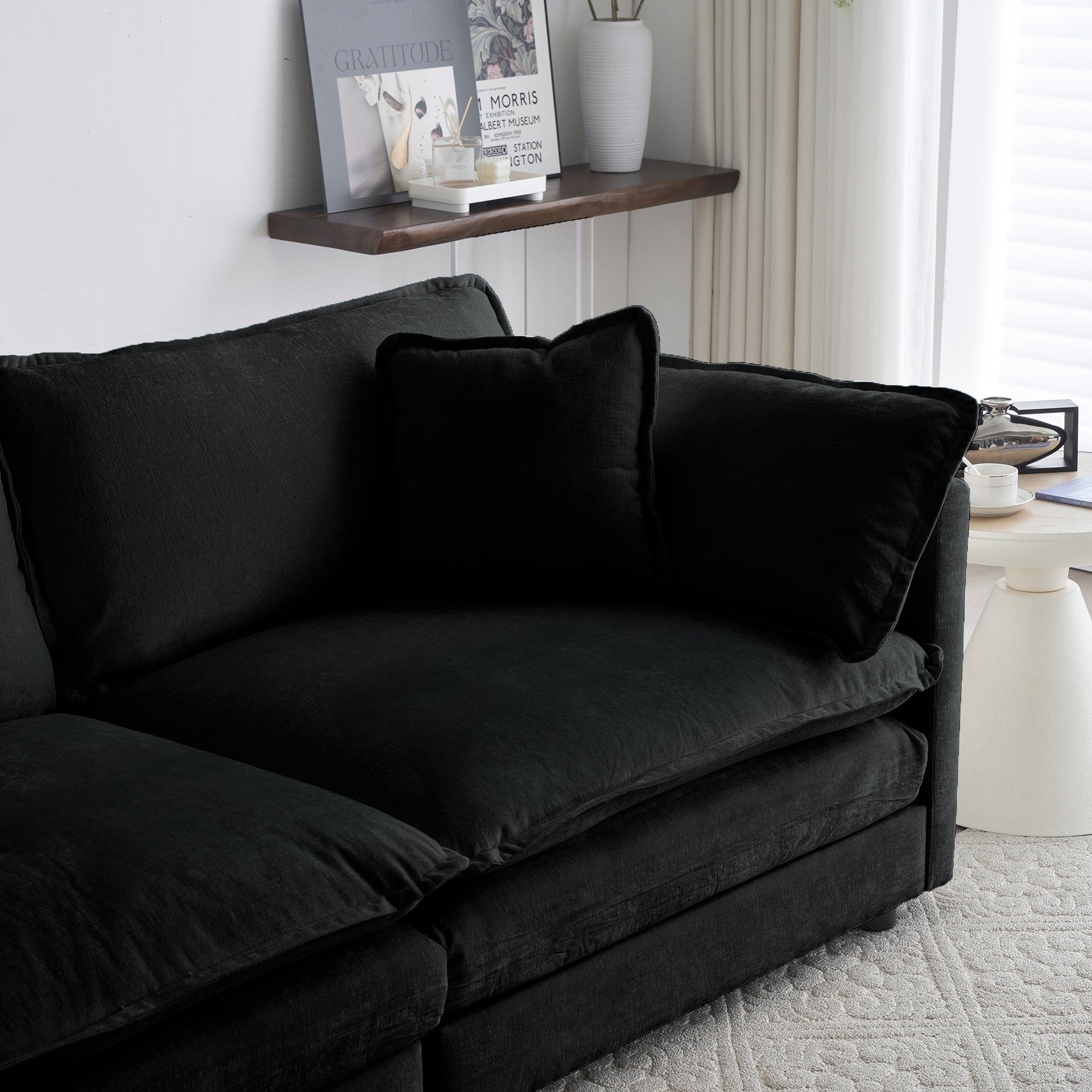 Chenille Fabric Ottomans Footrest to Combine with 2 Seater Sofa, 3 Seater Sofa and 4 Seater Sofa, Black Chenille