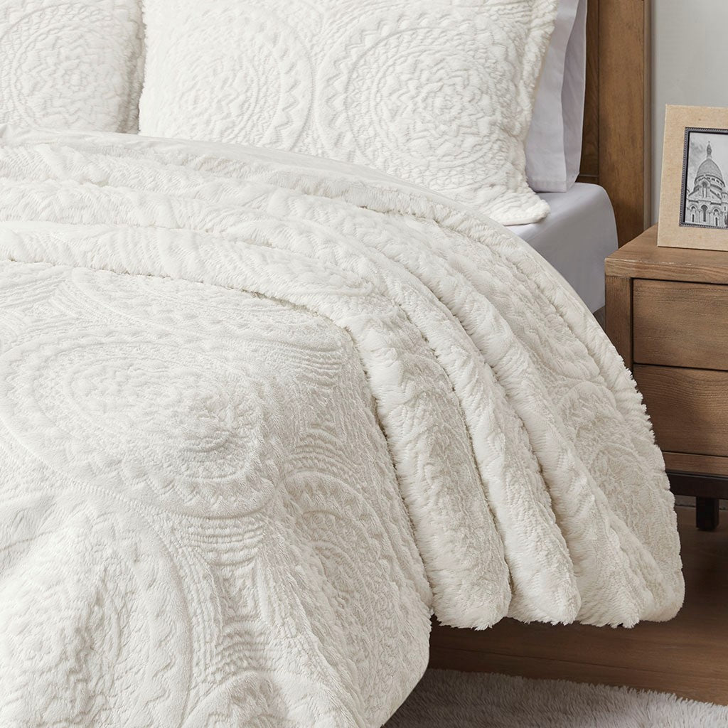Twin Embroidered Medallion Faux Fur Ultra Plush Comforter Mini Set